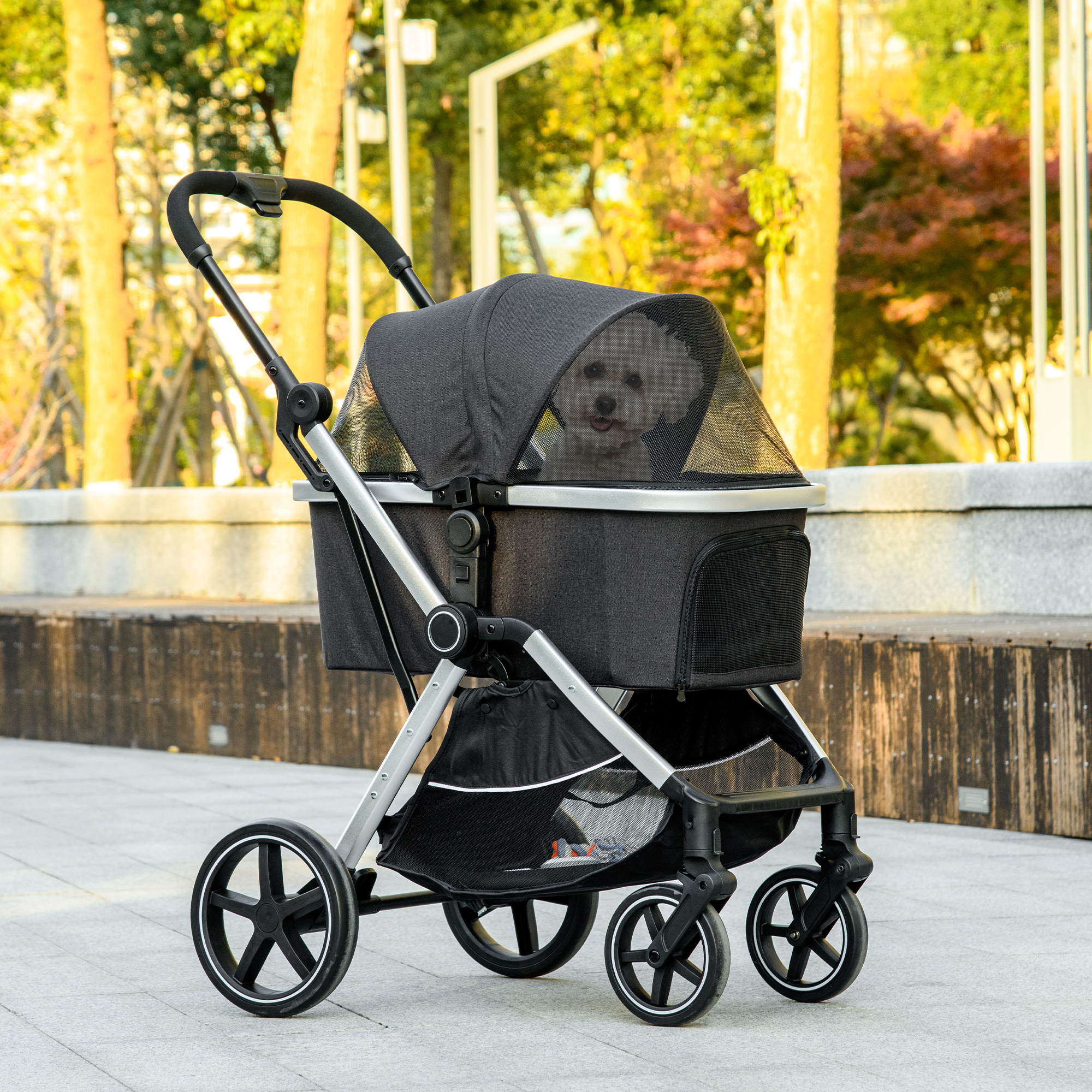 PawHut 2 in 1 Pet Stroller with Storage Basket, Removable Carriage,  Cushion, Safety Leashes for Small Dogs and Cats, Black | Aosom.com