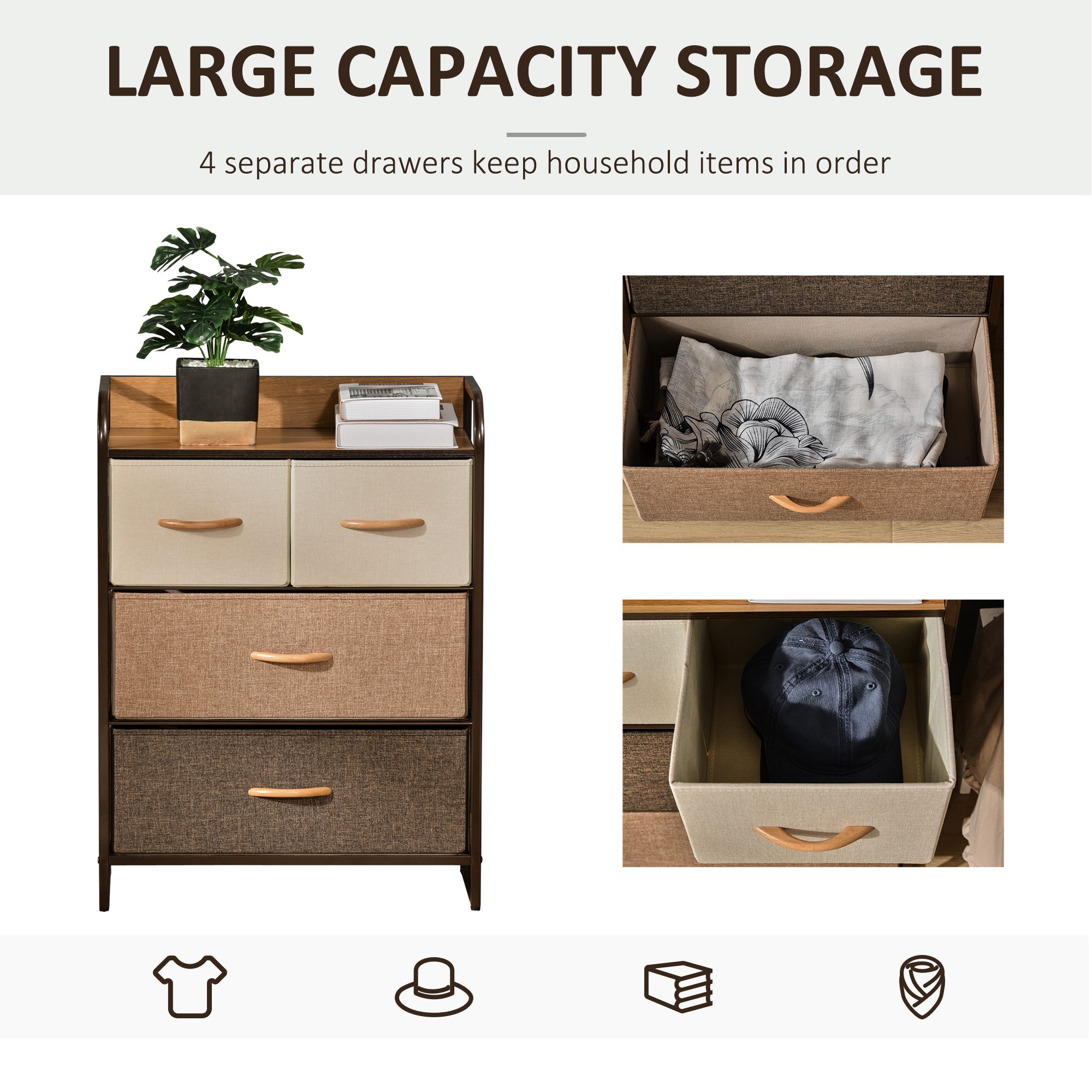 HOMCOM 4-Bin Dresser Storage Tower Cabinet Organizer Unit, Chest Dresser Drawers with Metal Frame for Bedroom, Multicoloured | Aosom.com 3