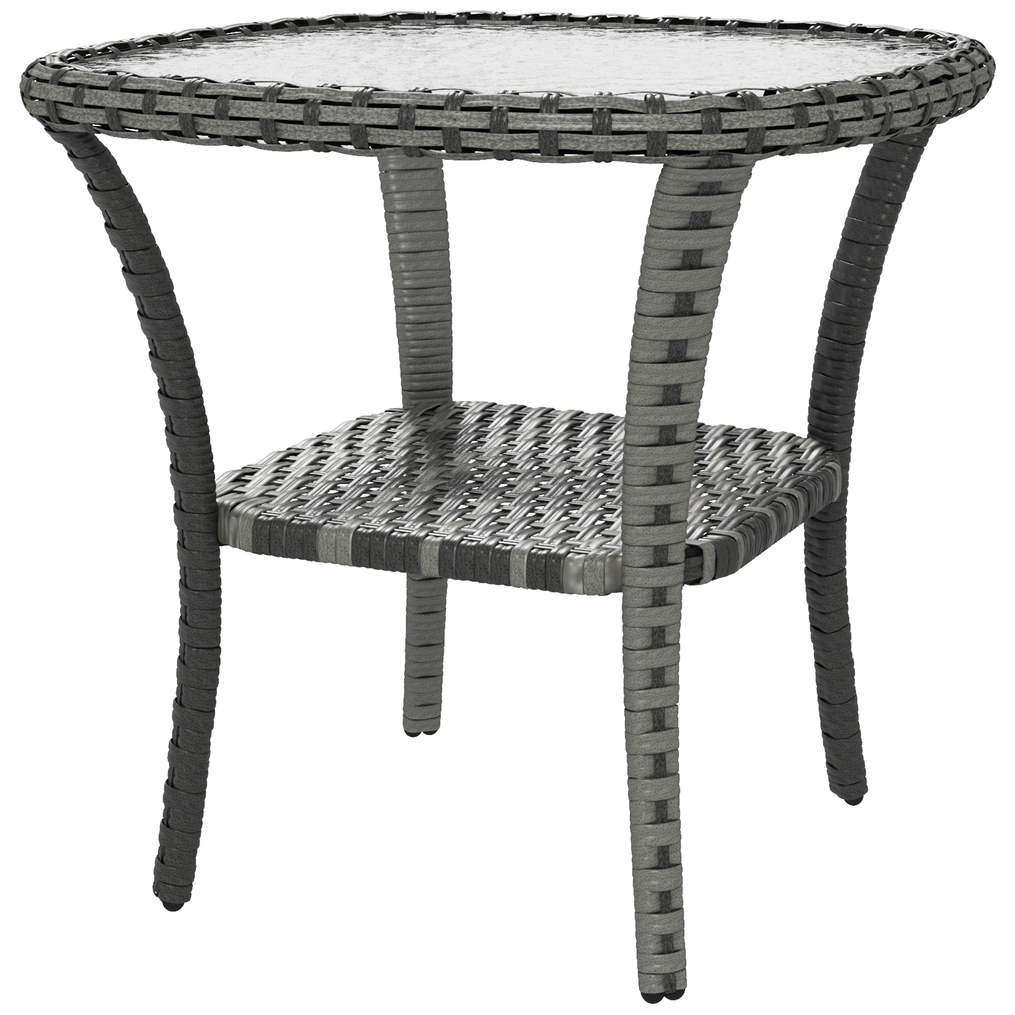 Outsunny Outdoor Coffee Table with Storage Shelf, Hand-Woven Wicker Side Table with Water-Ripple Glass Top, Mix Gray