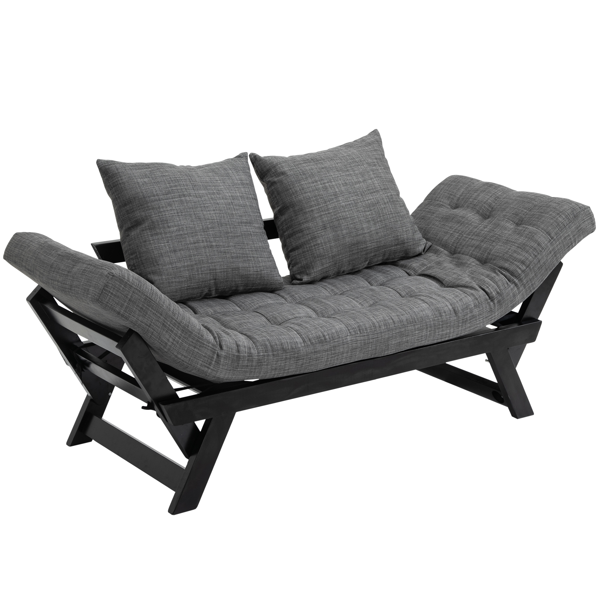 HOMCOM Single Person 3 Position Convertible Chaise Lounger Sofa Bed with 2 Large Pillows and Black Frame, Dark Charcoal Grey