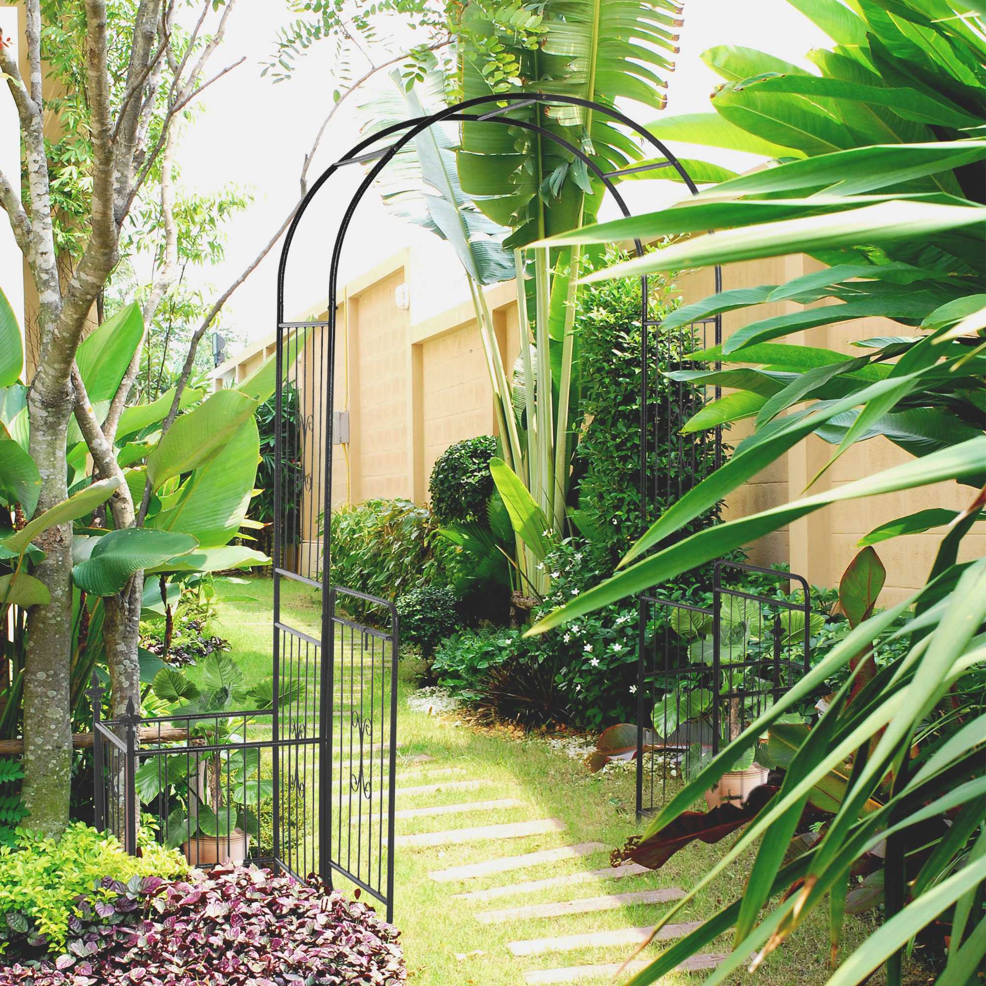 Outsunny 87" Metal Garden Arbor with Double Doors Planter Baskets Climbing Plant Frame Black Aosom Canada