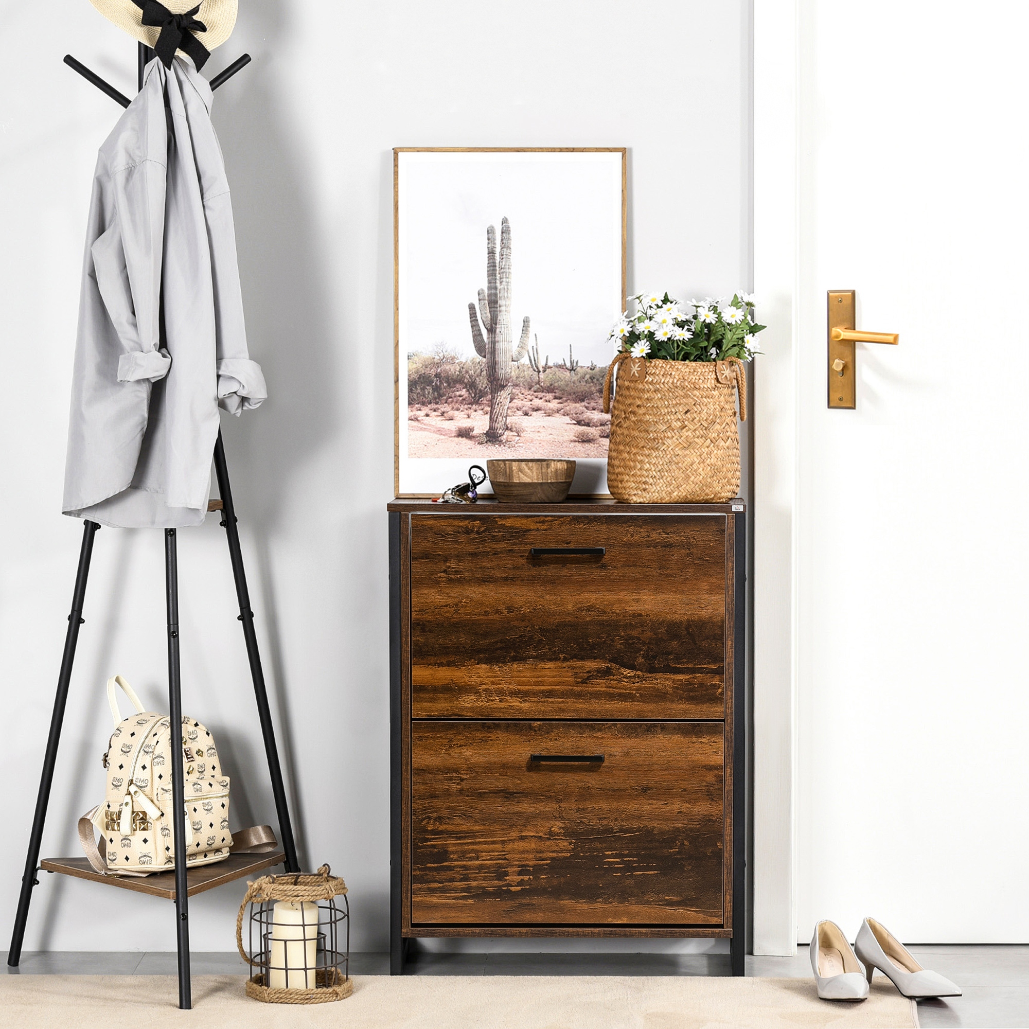 HOMCOM Space-Saving Slim Shoe Cabinet with 2 Flip Doors and 2-Drawer for 12 Pairs, Brown Finish | Aosom Canada