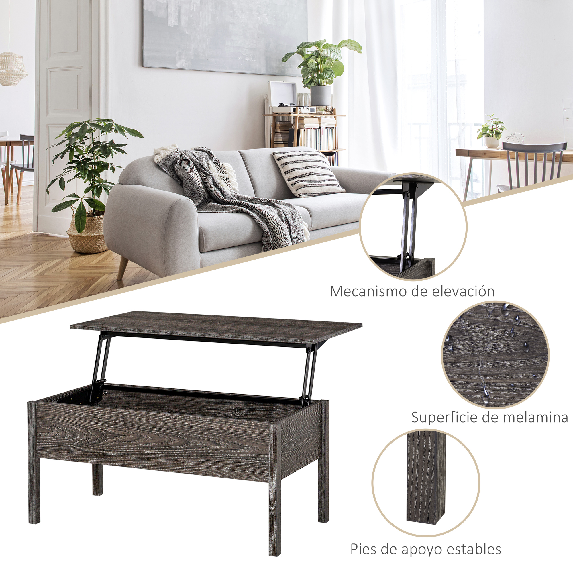 HOMCOM Modern Lift Top Coffee Table with Hidden Storage Light Grey Woodgrain for Stylish Living Room | Aosom.com 4