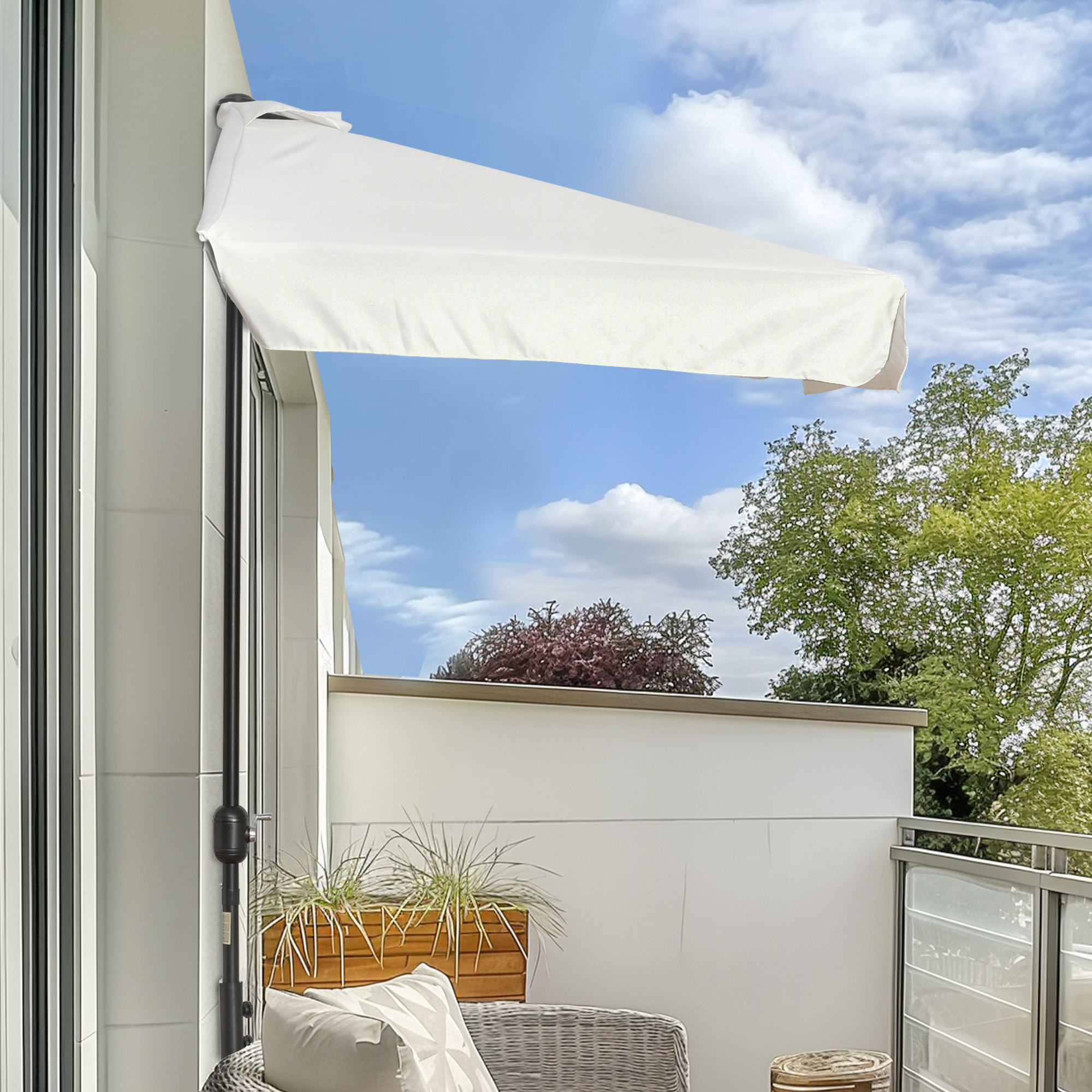Outsunny 7.5ft Space Efficient Half Umbrella Semi Round Patio Parasol Crank Handle Top Vent for Balcony Cream Aosom Canada