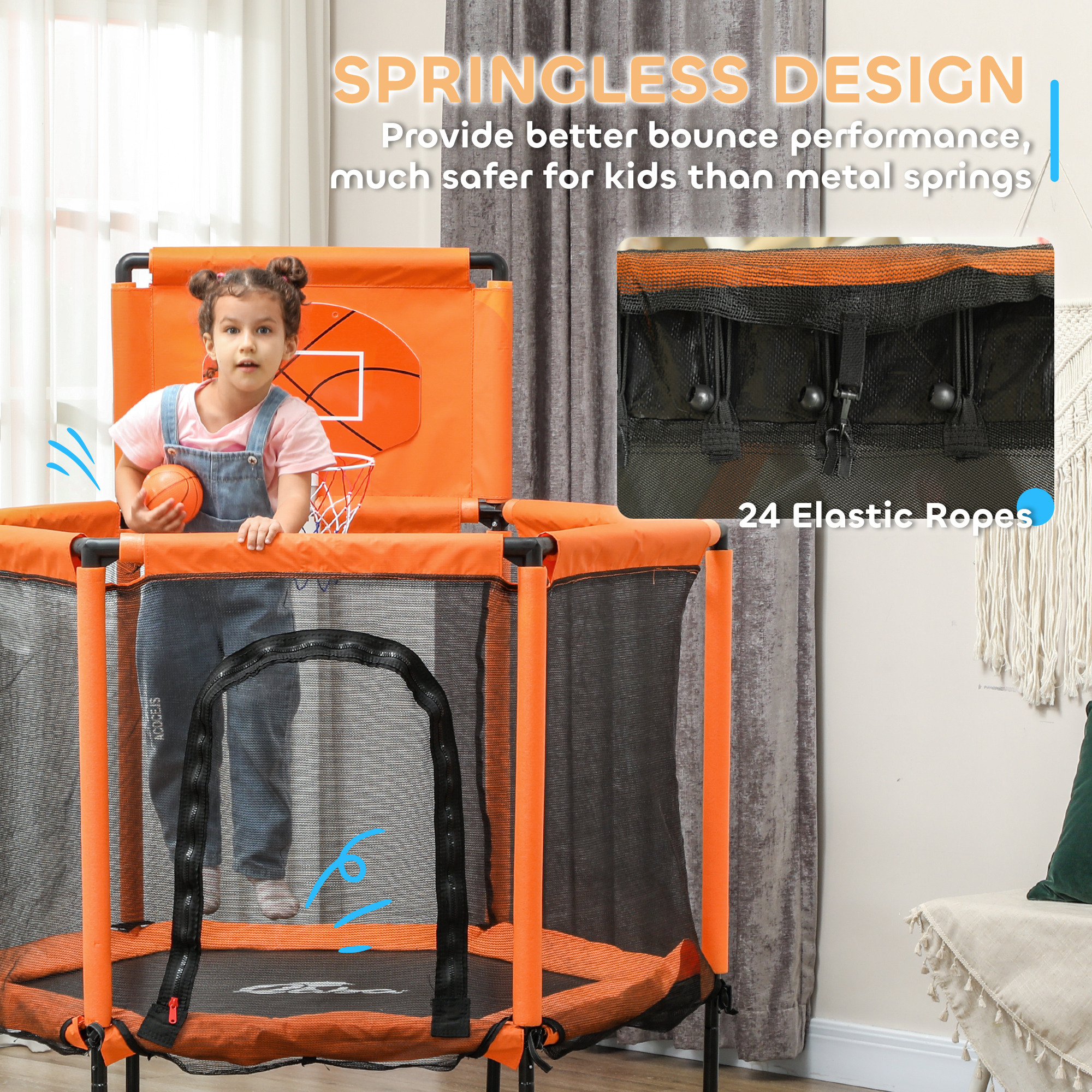 Qaba 48" Kids Trampoline  with Safety Enclosure Net, Basketball Hoop for Ages 3-6, Gifts for Boys & Girls, Orange 3