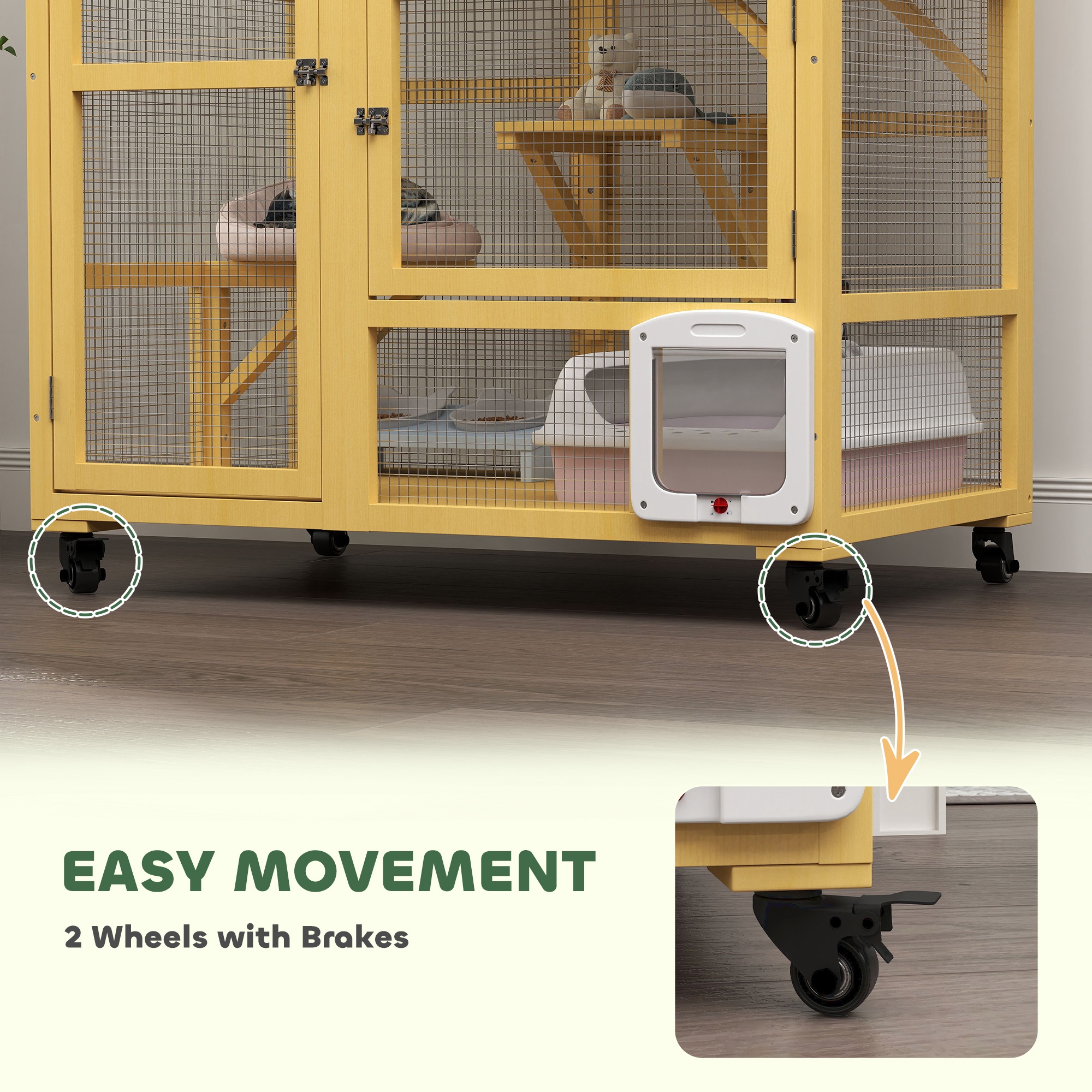 PawHut Cat Condo Wooden Indoor Cat House on Wheels with Cat Flap