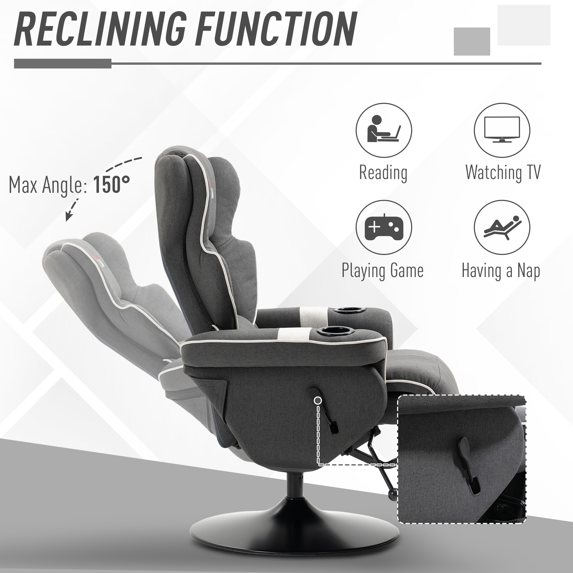 HOMCOM Manual Recliner, Swivel Lounge Armchair with Footrest and 2 Cup Holders for Living Room, Home & Office, 150° Reclining Function, Black 2