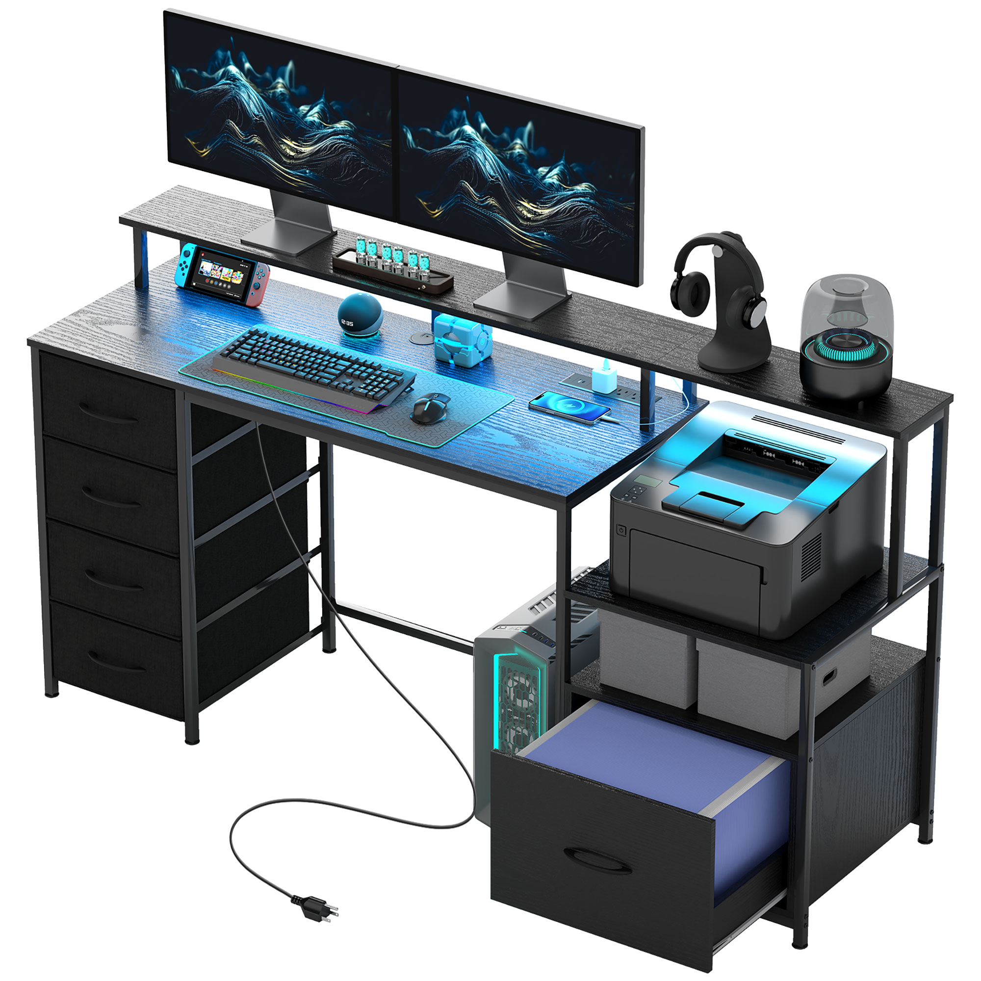 HOMCOM Computer Desk with Power Outlets and LED Lights, 67" Computer Table with File Cabinet and Fabric Drawers, Black