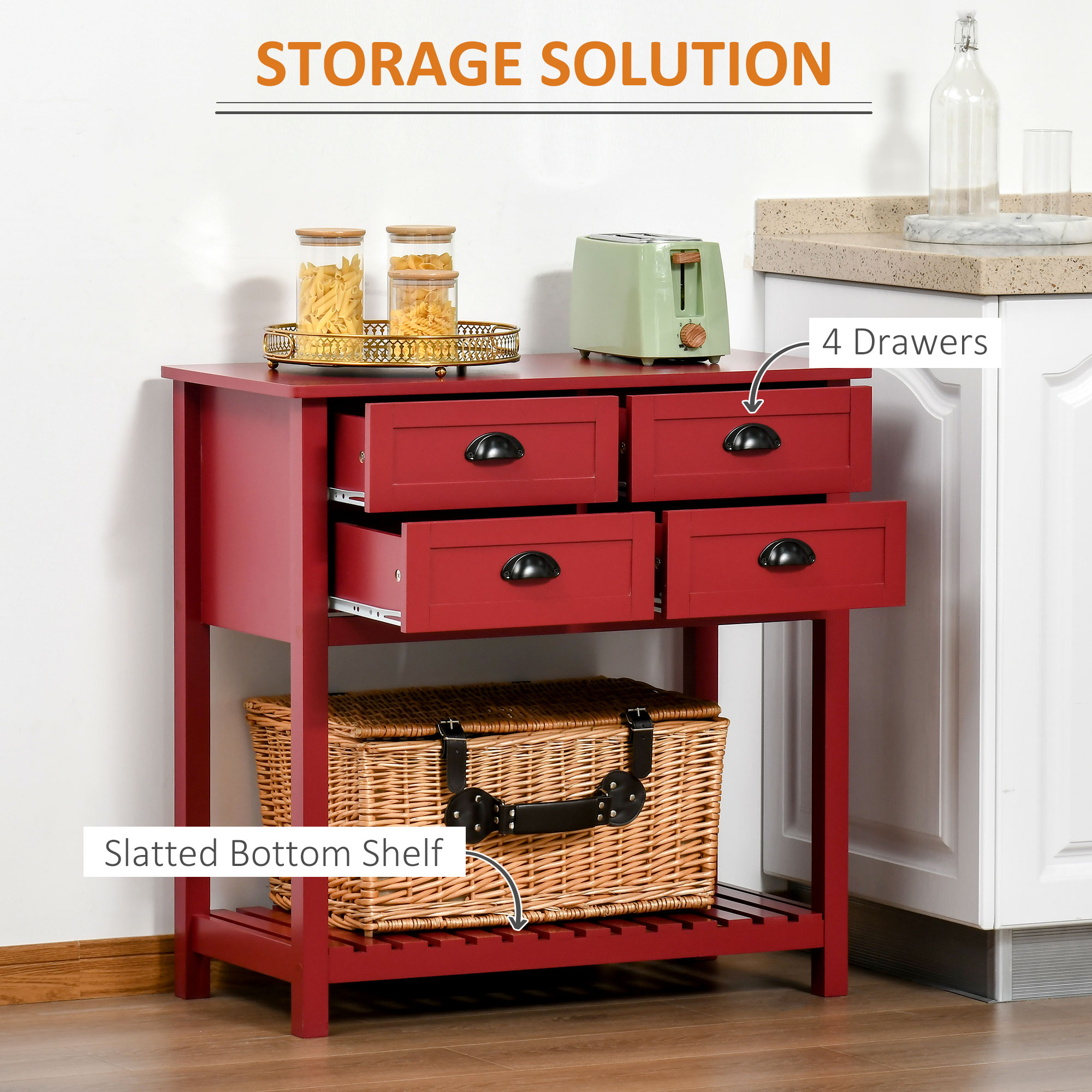 HOMCOM Sideboard Buffet Cabinet, Storage Serving Console Table with 4 Drawers and Slatted Bottom Shelf for Kitchen, Living Room, Red 2