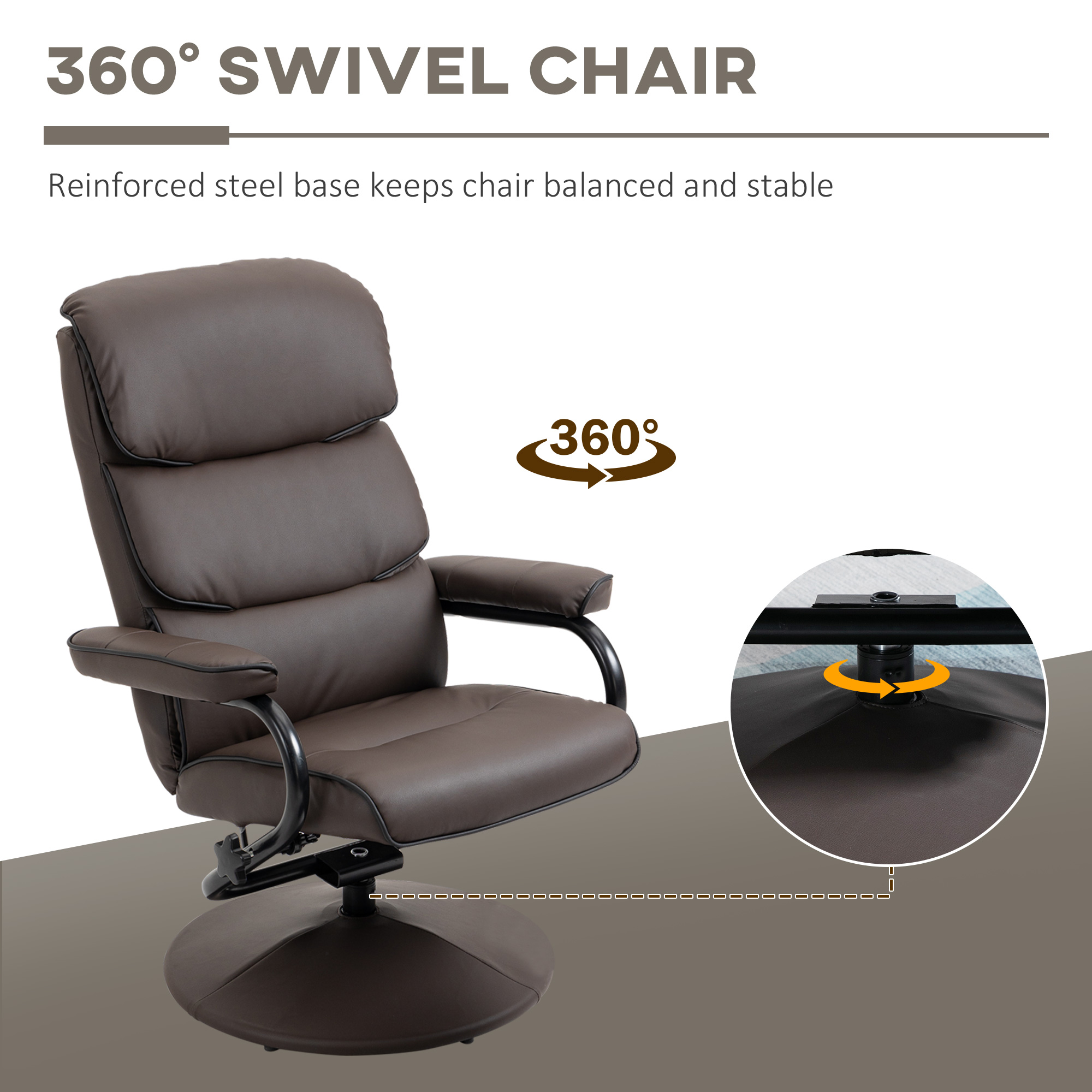 HOMCOM Recliner Chair with Ottoman Cream White Swivel PU Leather High Back Armchair Thick Foam, Brown| Aosom.com 3