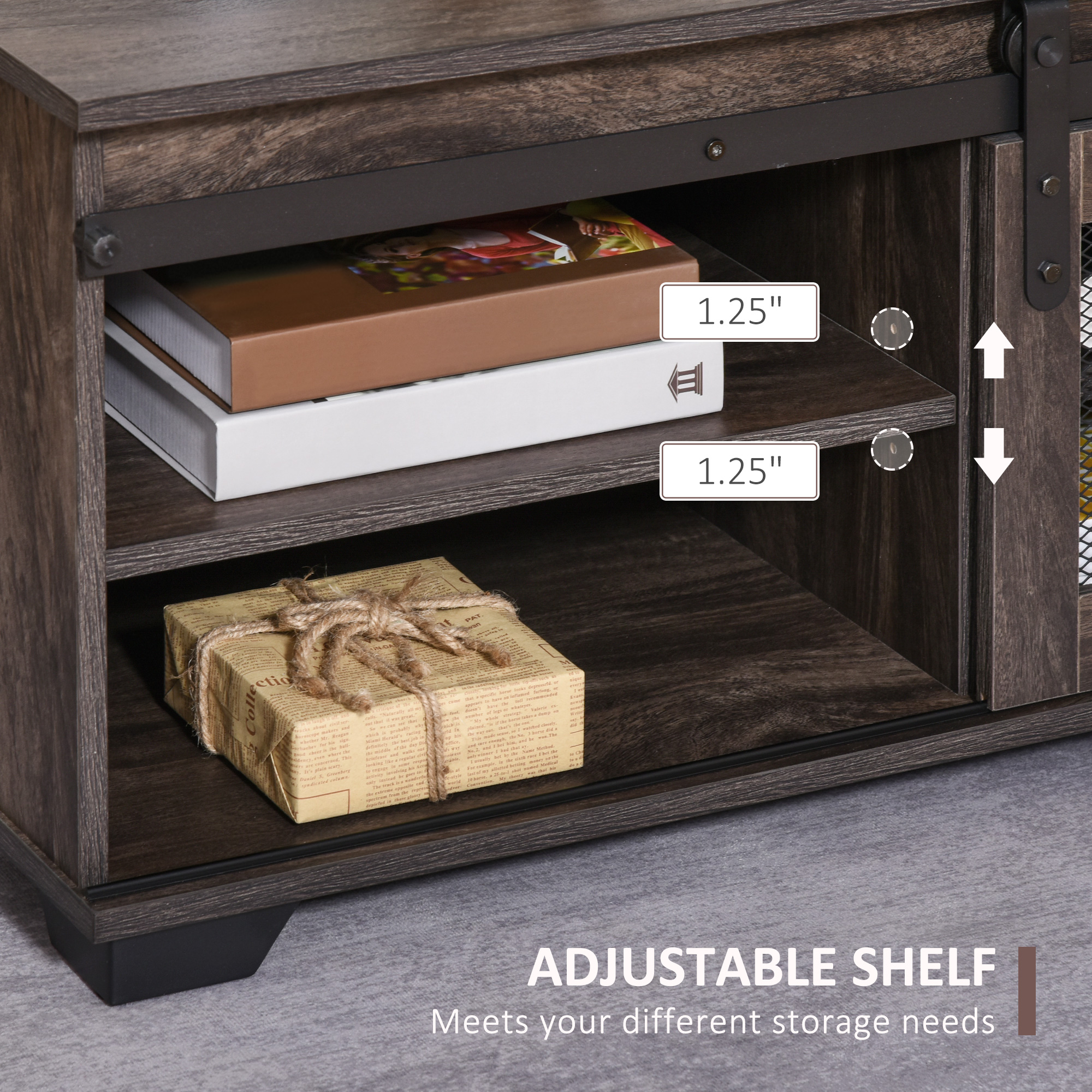 HOMCOM Coffee Table Farmhouse Dark Brown Sliding Mesh Barn Door Storage Living Room | Aosom.com 2