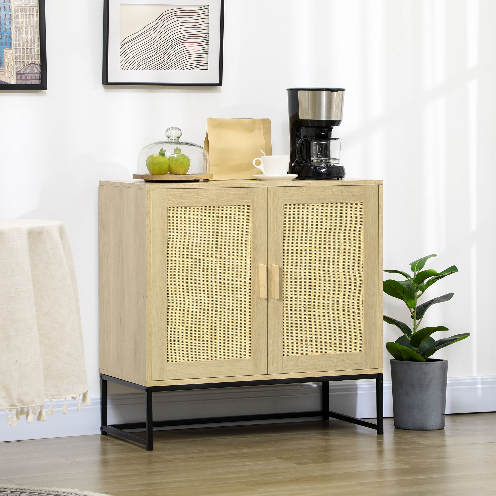 HOMCOM Sideboard Buffet Cabinet, Storage Cabinet with Rattan Doors, Adjustable Shelf, Metal Base, for Living Room, Bedroom, Kitchen 0
