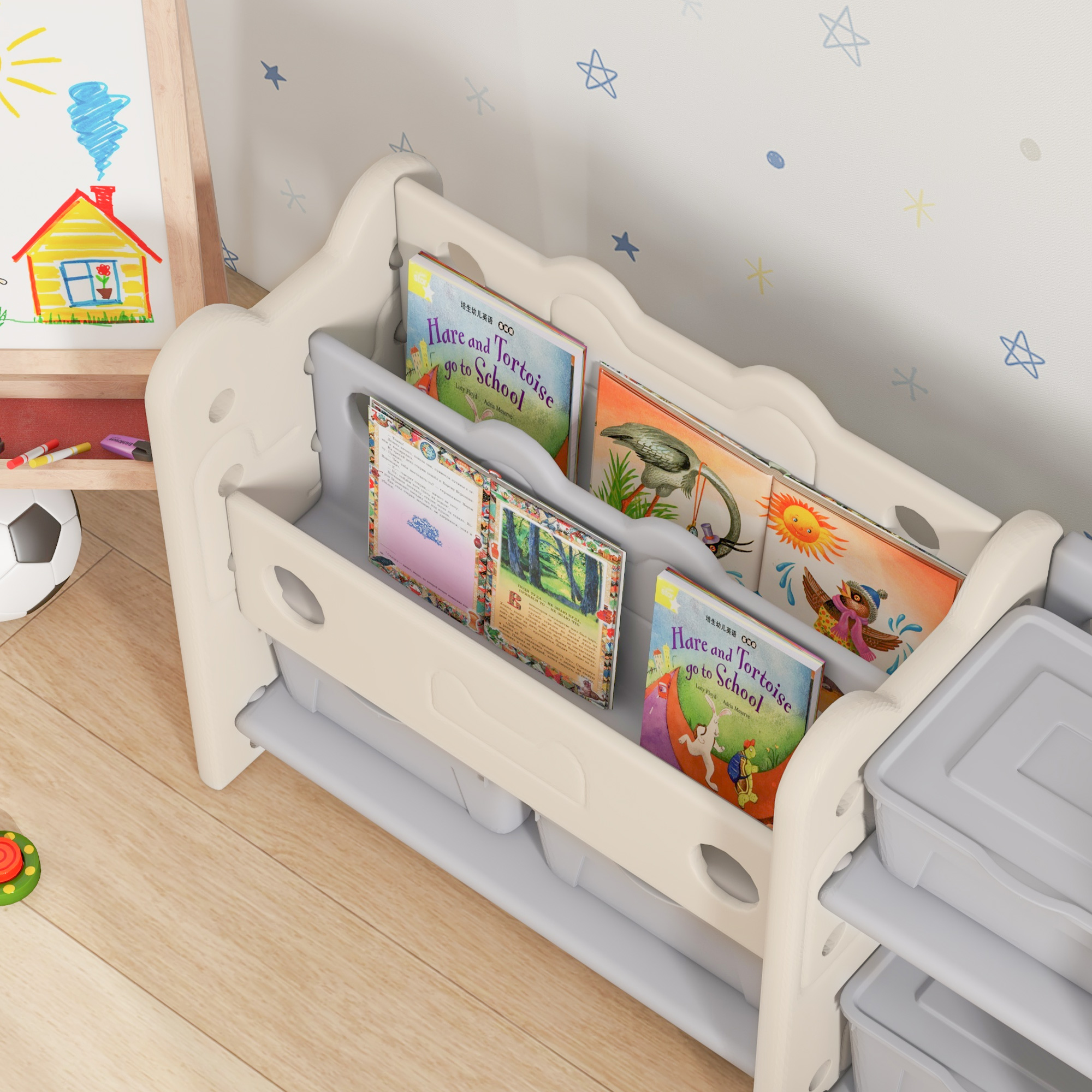 Qaba 2 Tier Kids Toy Storage Organizer, Cream White with 4 Storage Boxes, Bookshelves for Nursery, Playroom | Aosom.com 6