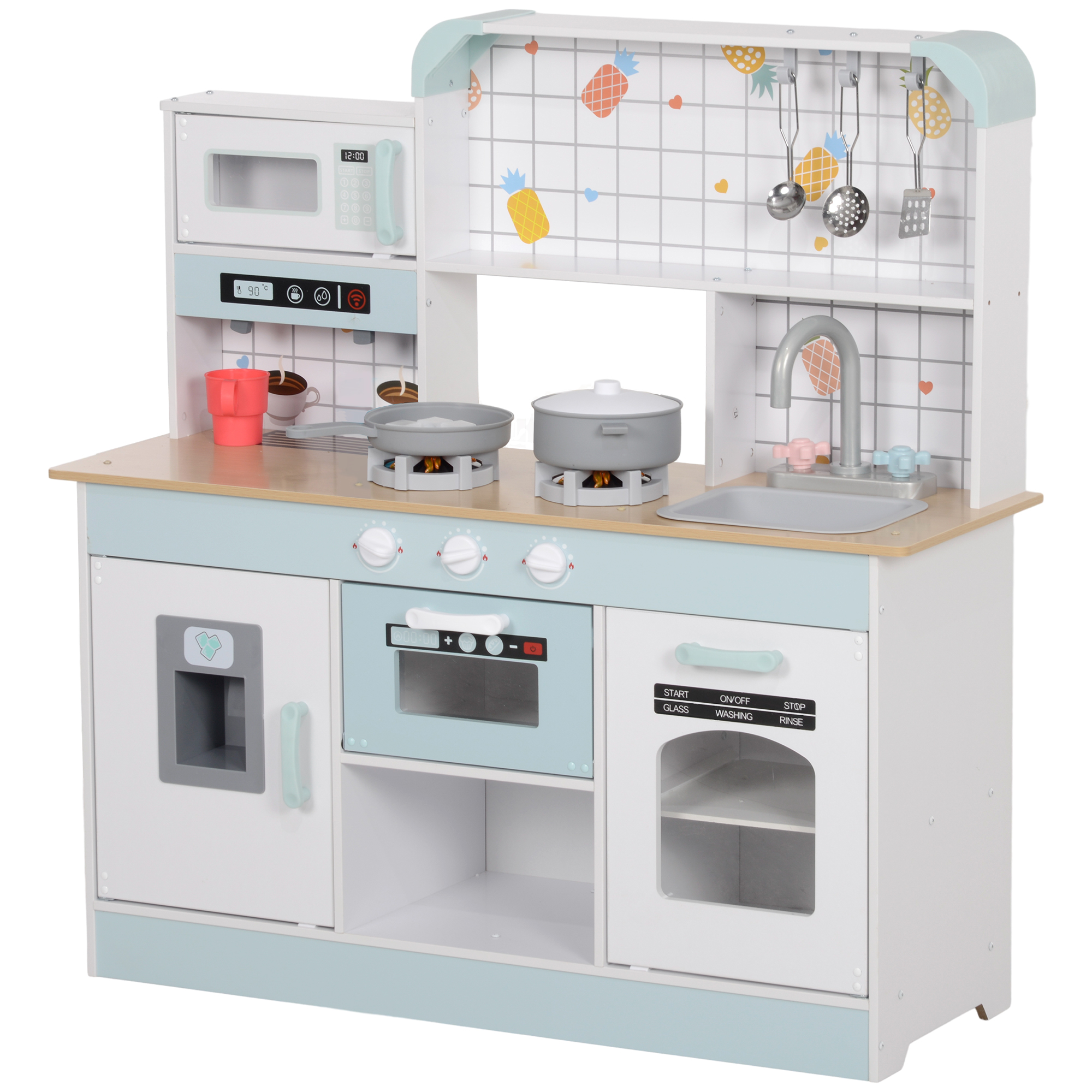 Qaba Play Kitchen, Kids Kitchen Playset with Coffee Machine, Ice Maker, Stove, Microwave, Oven, Sound & Lights