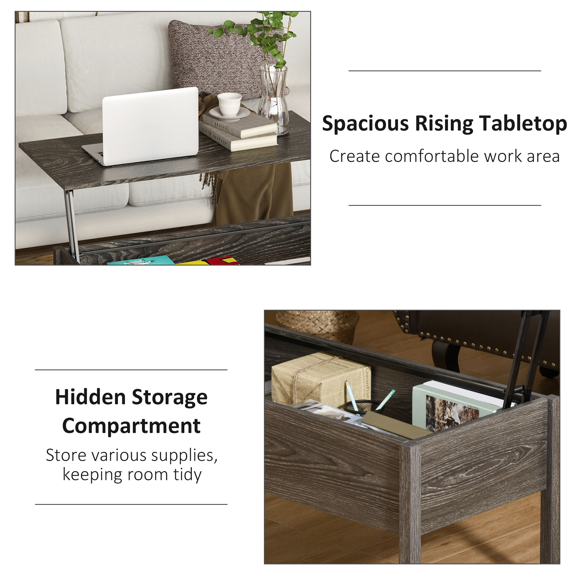 HOMCOM Modern Lift Top Coffee Table with Hidden Storage Light Grey Woodgrain for Stylish Living Room | Aosom.com 3