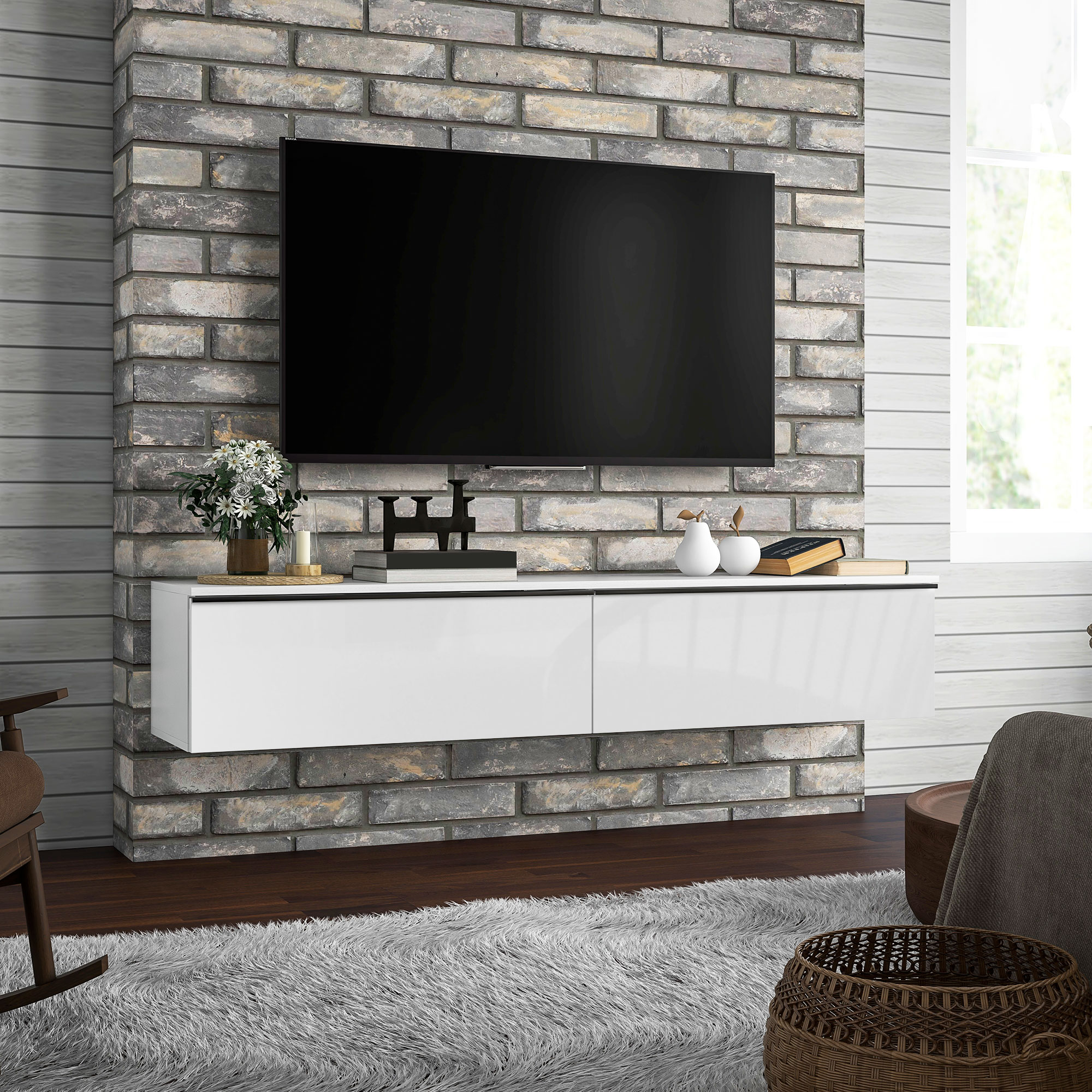 HOMCOM Wall Mounted TV Stand, Floating TV Cabinet for up to 70" TVs with Storage, High Gloss Effect, White Aosom Canada
