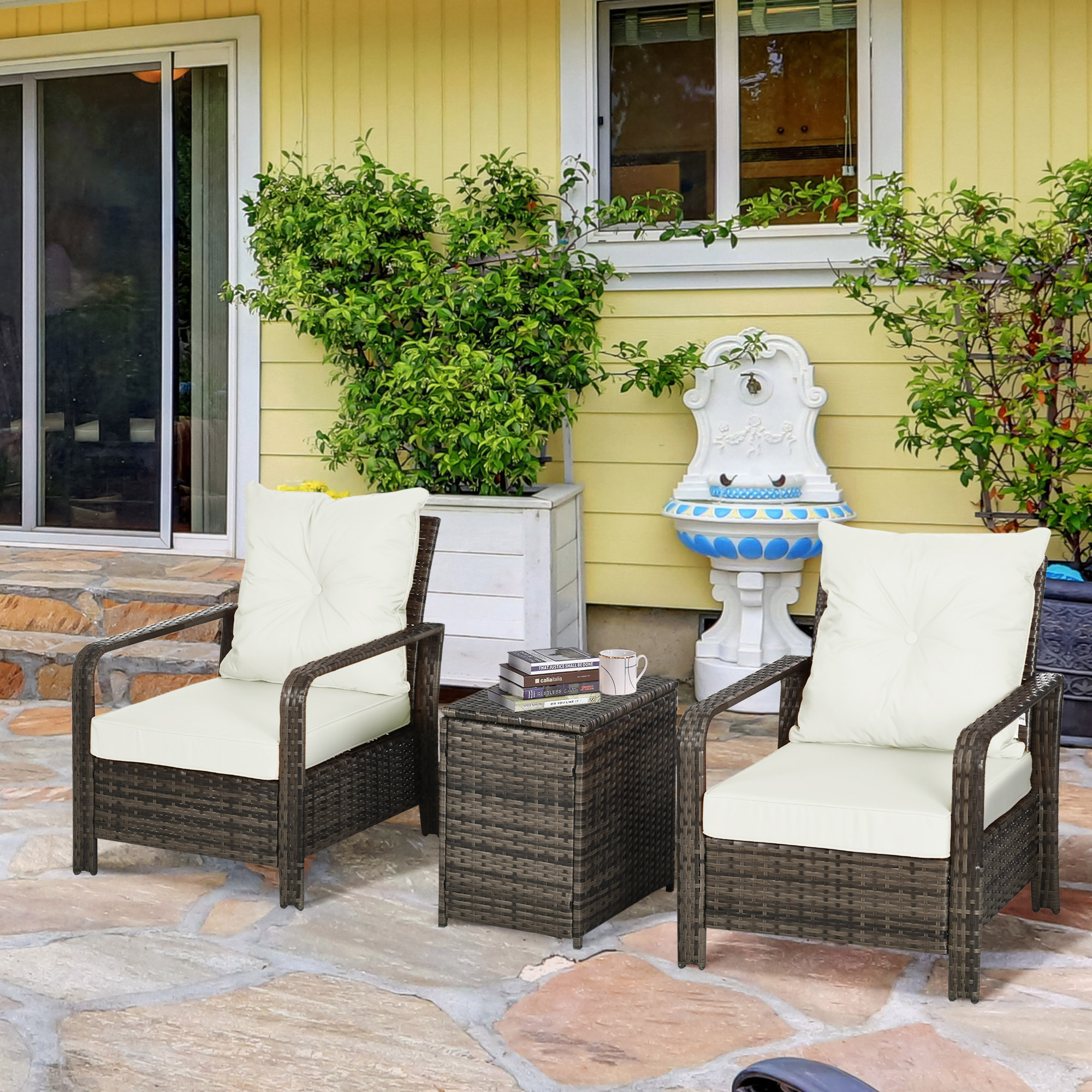 Outsunny 3 Pieces Patio Bistro Set, PE Rattan Garden Sofa Set with 2 Padded Chairs 1 Storage Table, Beige Aosom Canada
