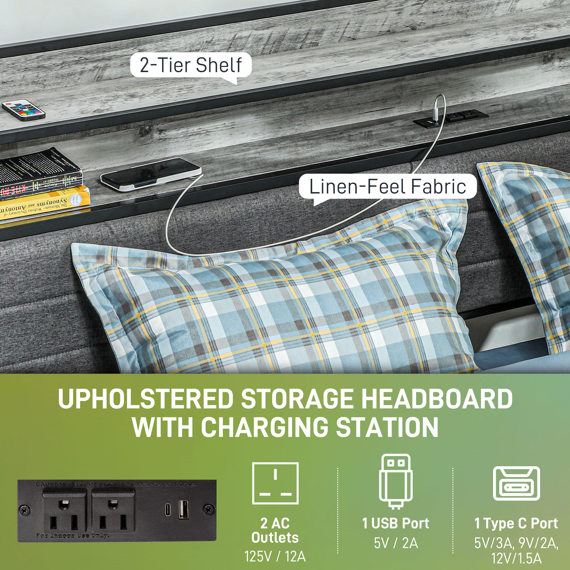 HOMCOM Full Bed Frame with Storage Upholstered Headboard, Full Size Bed Frame with LED Lights, Charging Station, Cement Gray | Aosom.com 3