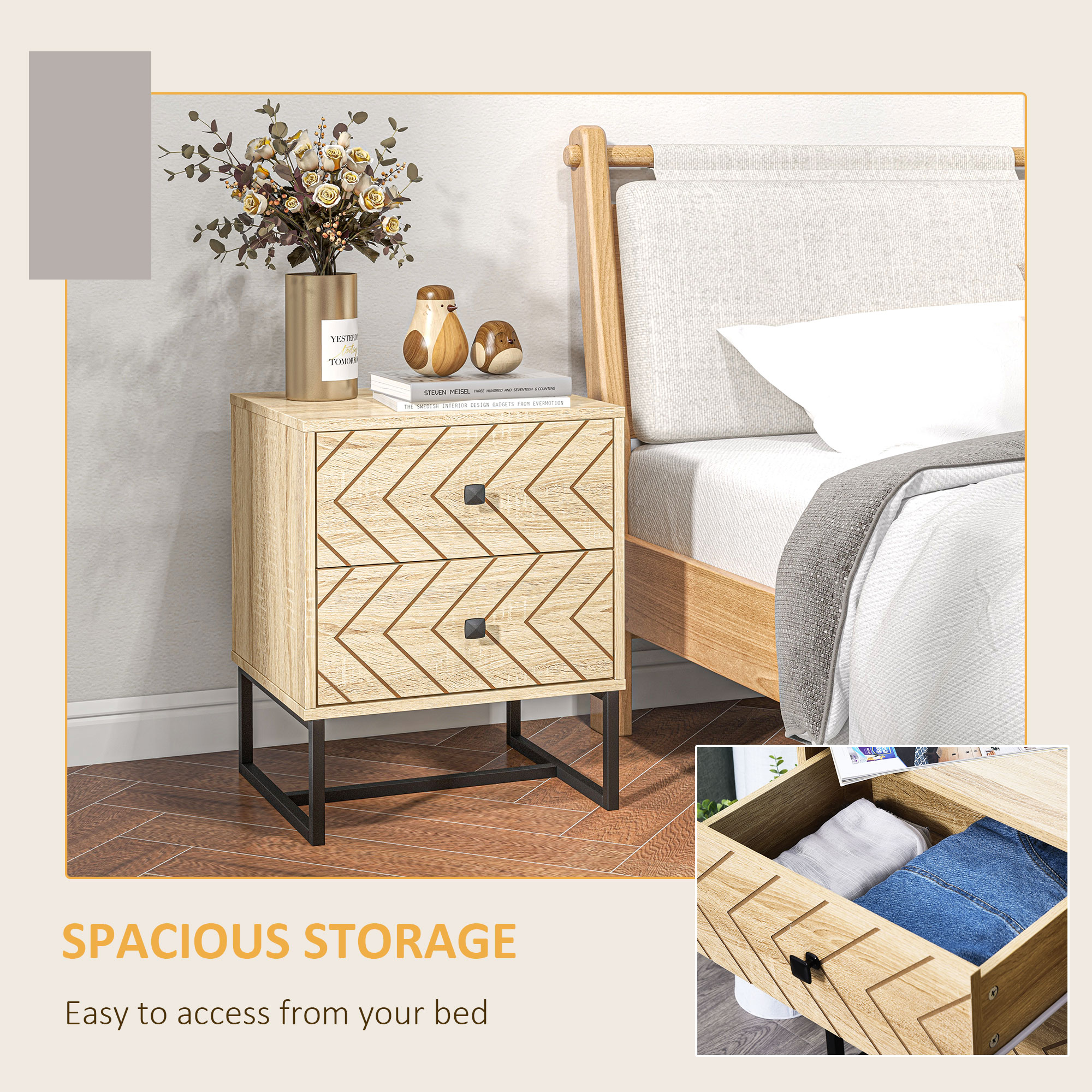 HOMCOM Modern Nightsta, Bedside Table with Drawers, Side End