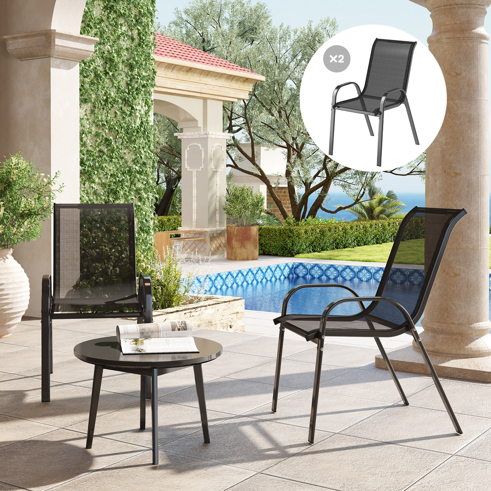 Outsunny Set of 2 Outdoor Dining Chairs, Stackable Lawn Chairs with High Back, Breathable Mesh Seat for Garden Porch, Black Aosom Canada