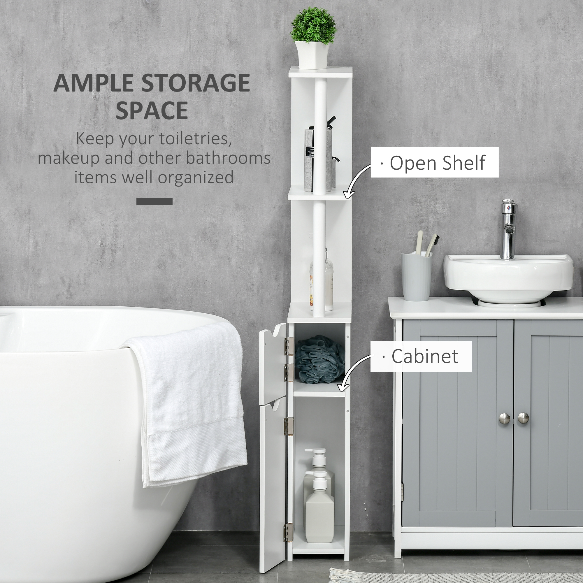 kleankin Tall Bathroom Cabinet Modern Storage 2 Open Shelves 2 Door Cabinets Freestanding Linen Tower White | Aosom.com 2