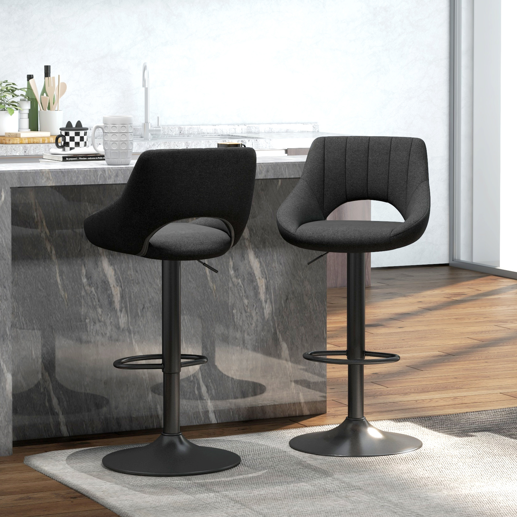 HOMCOM Swivel Bar Stools Set of 2, Linen Upholstered Counter Height Barstools with Round Metal Base Aosom Canada