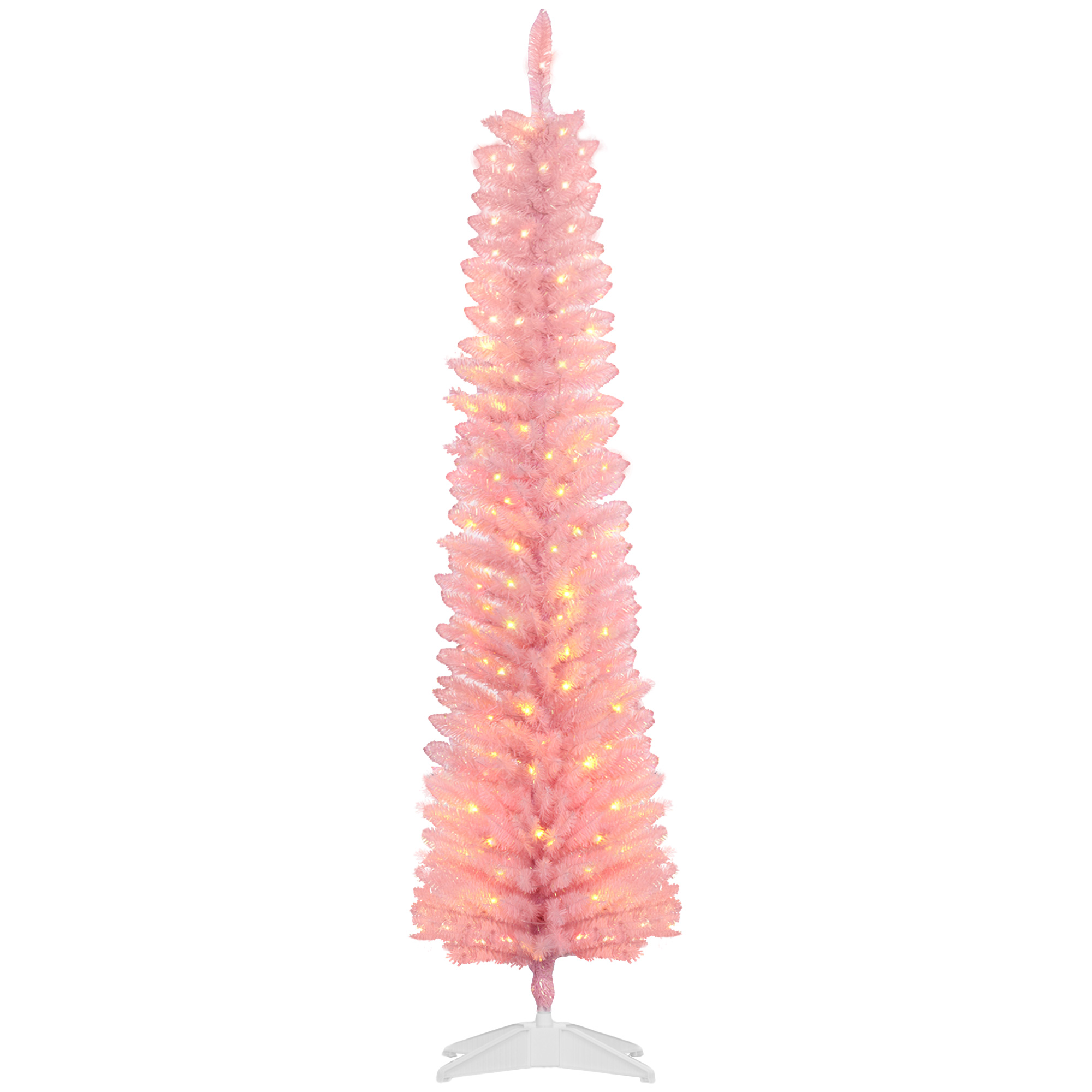 HOMCOM 6' Prelit Christmas Trees, Slim Artificial Christmas Tree with Colorful Surface Branches, Colorful LED Lights, Pink| Aosom.com