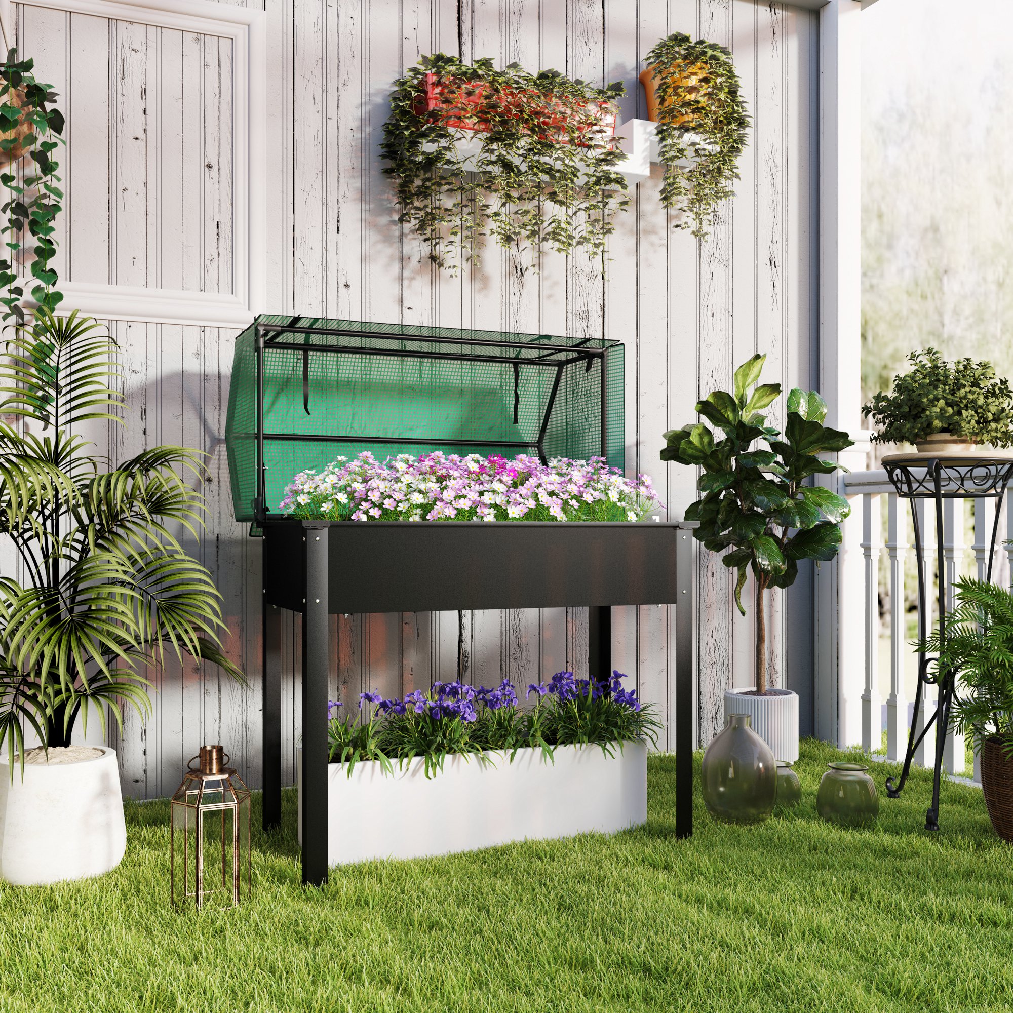 Outsunny Raised Garden Bed Planter with PE Greenhouse Cover, Elevated Garden Bed Box with Drainage Hole for Flowers, Black Aosom Canada
