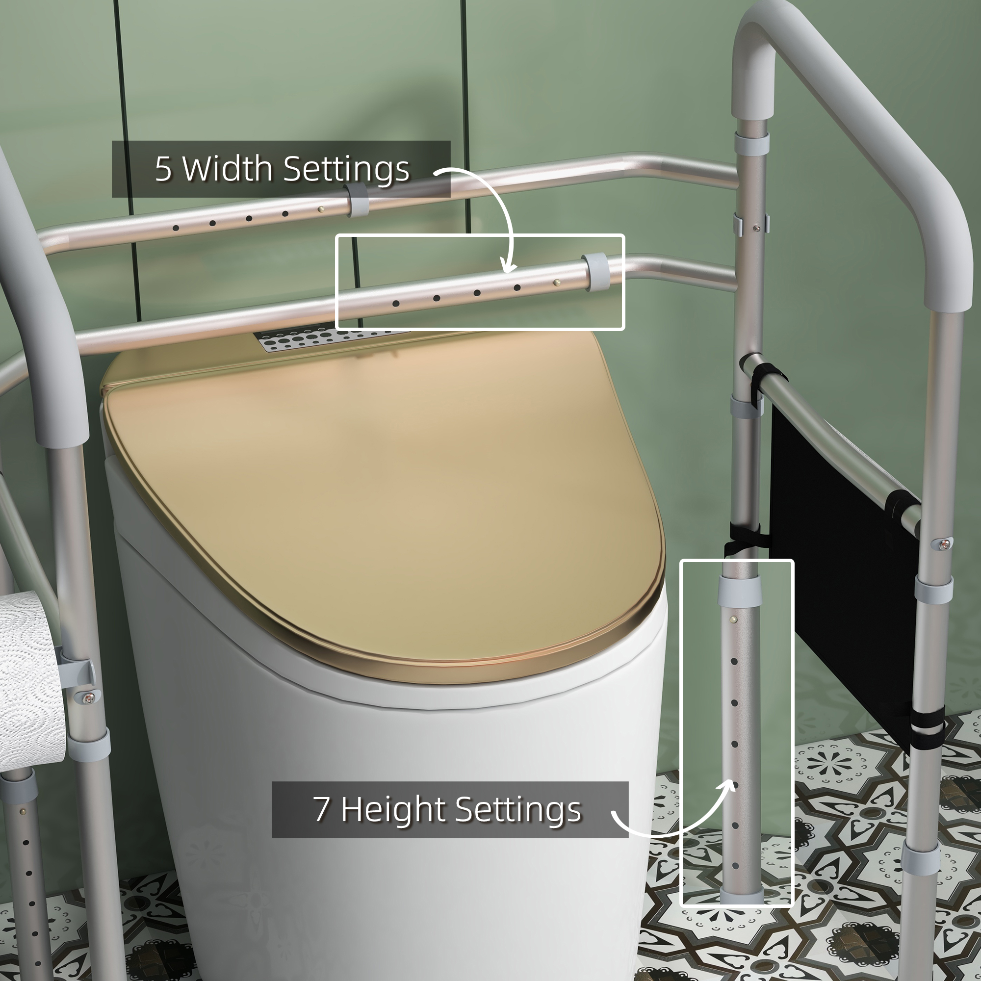 HOMCOM Stand Alone Toilet Safety Rails, Toilet Rails with Adjustable ...