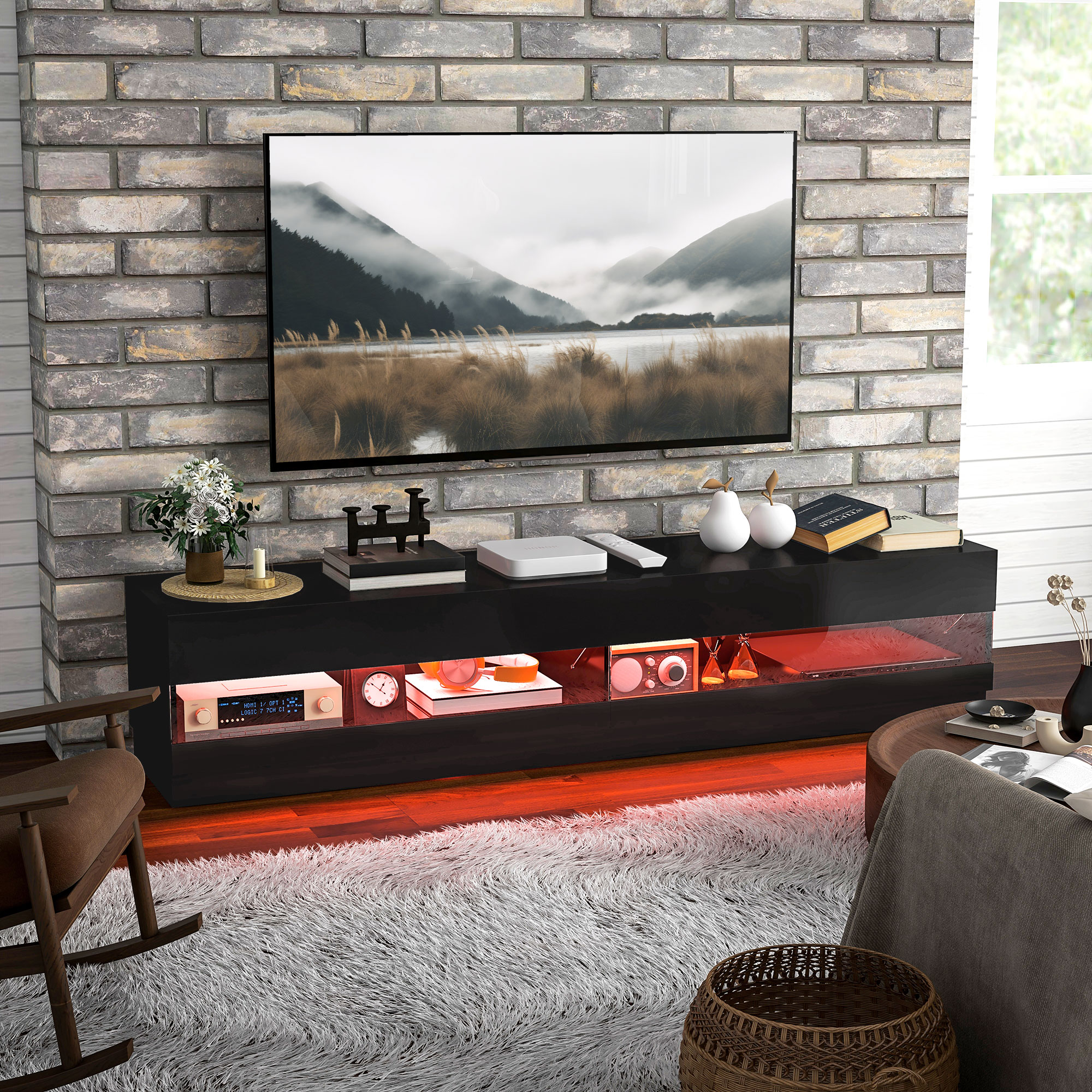 HOMCOM Lighted TV Stand for TVs up to 75", TV Cabinet with Storage for Living Room, High Gloss Black Aosom Canada