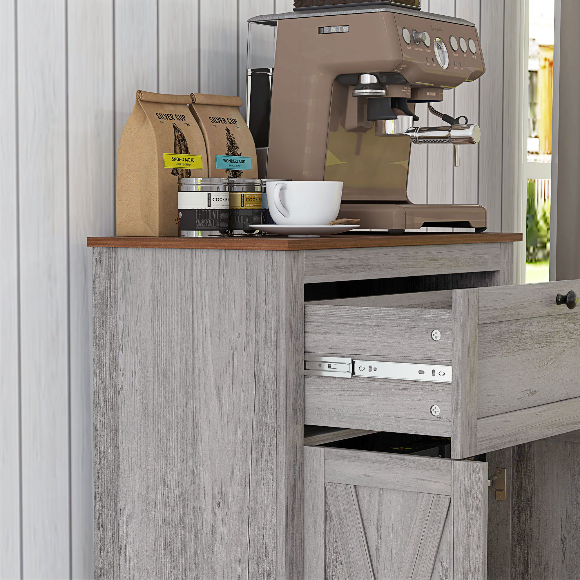 HOMCOM Farmhouse Sideboard Storage Cabinet with Doors and Drawer for Kitchen, Living room, 23.5"x11.75"x34.5", Light Gray 6