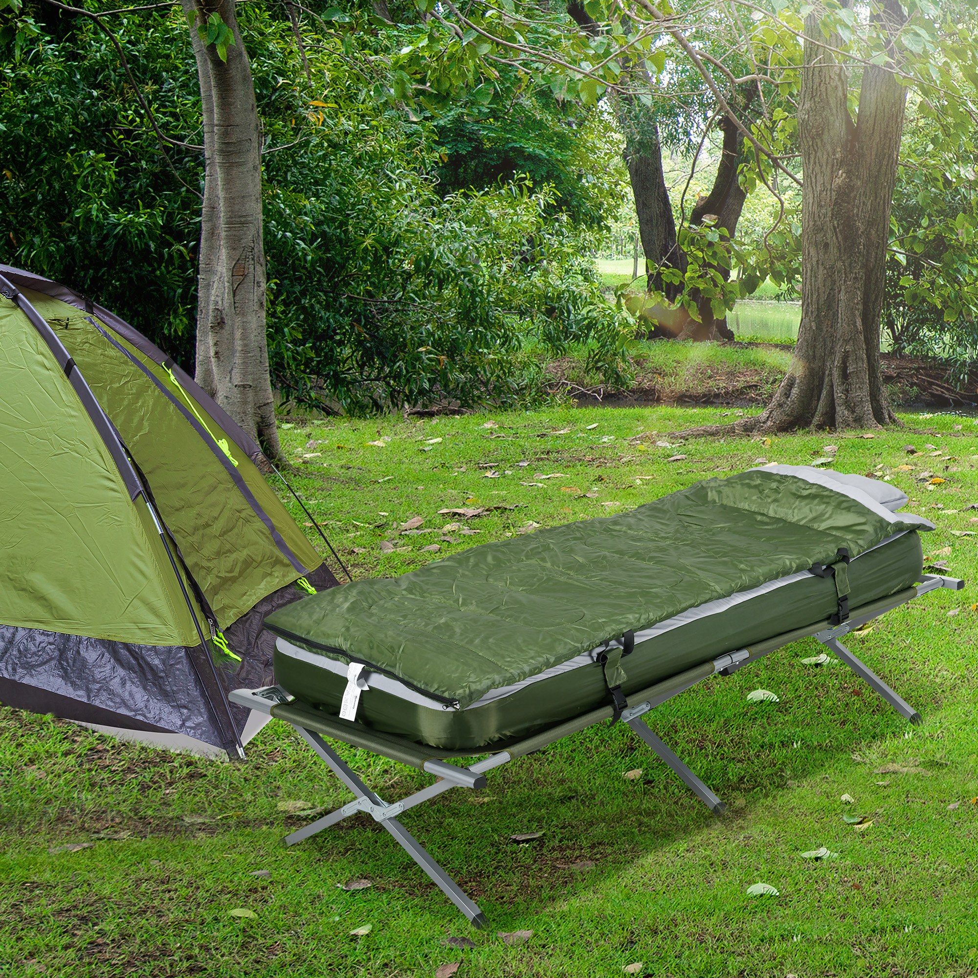 Outsunny Folding Camping Cot with Mattress, Sleeping Bag, Pillow