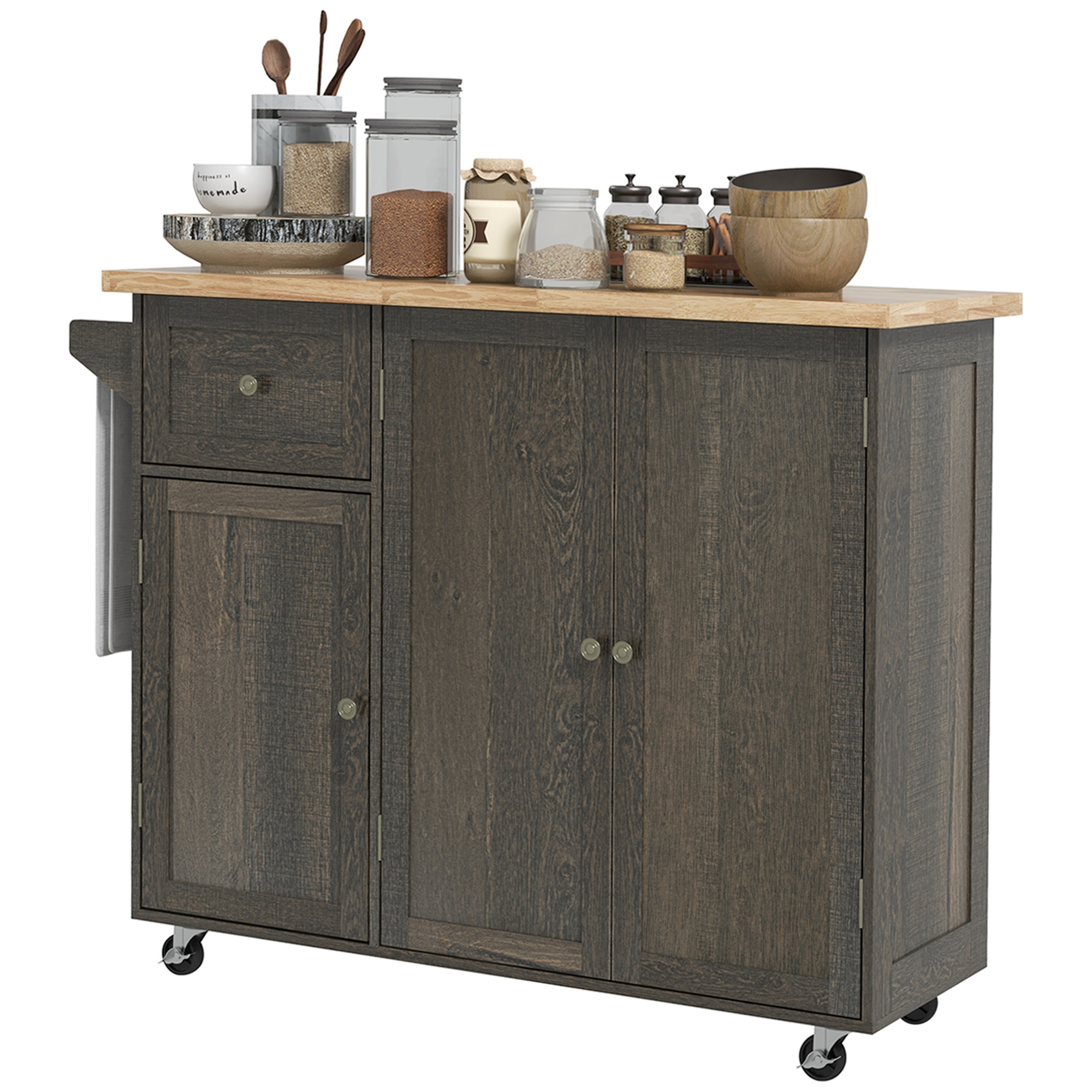 HOMCOM Triple-Cabinet Rolling Kitchen Island on Wheels, Kitchen Cart with Storage Shelf Adjustment, Rolling Utility Cart