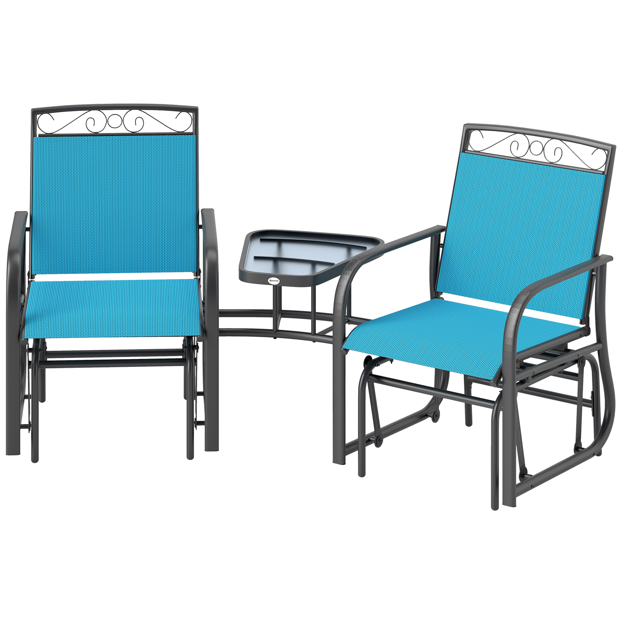 Outsunny Outdoor Glider Chairs with Coffee Table, Patio 2-Seat Rocking Chair Swing with Breathable Sling for Backyard, Blue