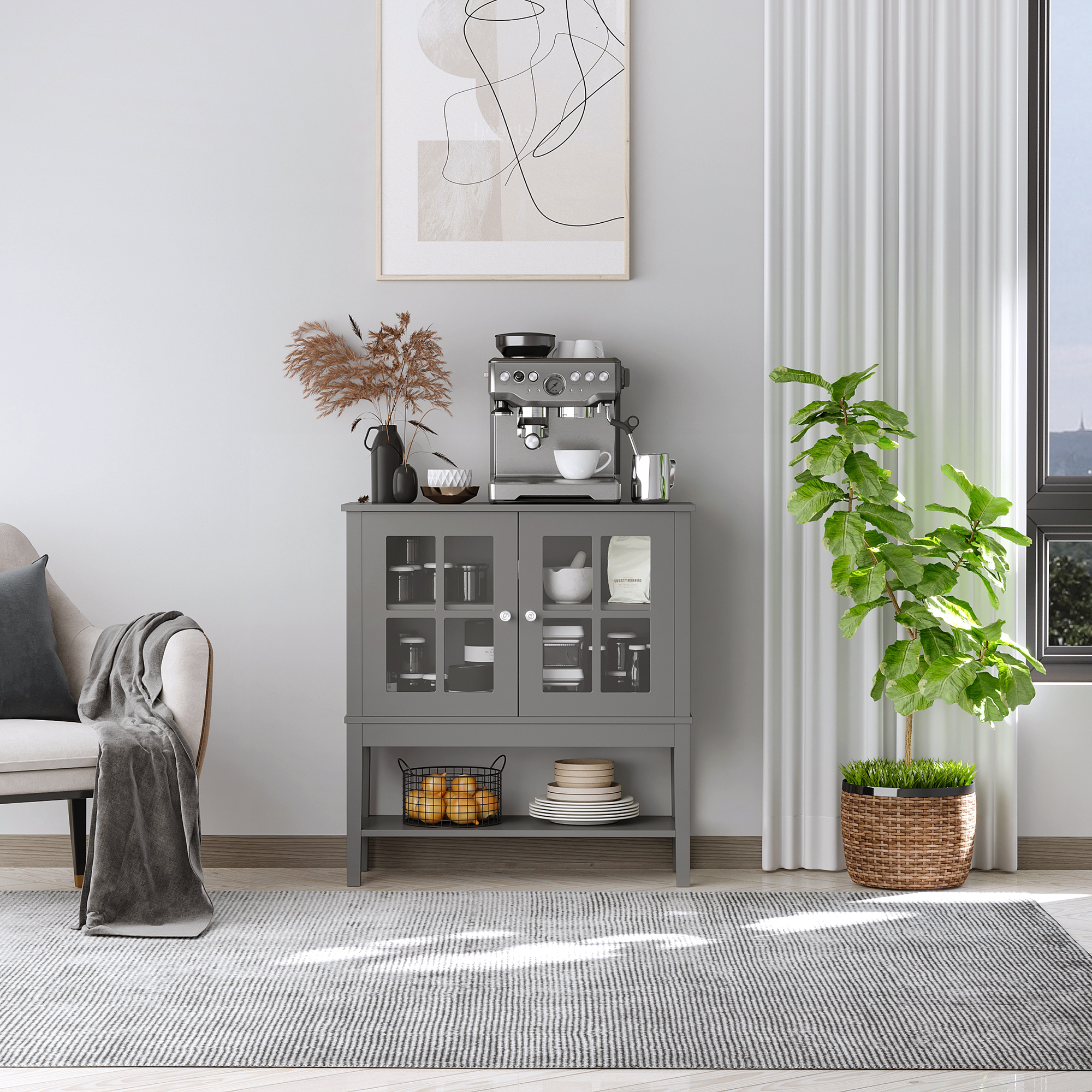 HOMCOM Sideboard Buffet Cabinet Modern Kitchen Storage with Glass Doors Gray | Aosom.com 2