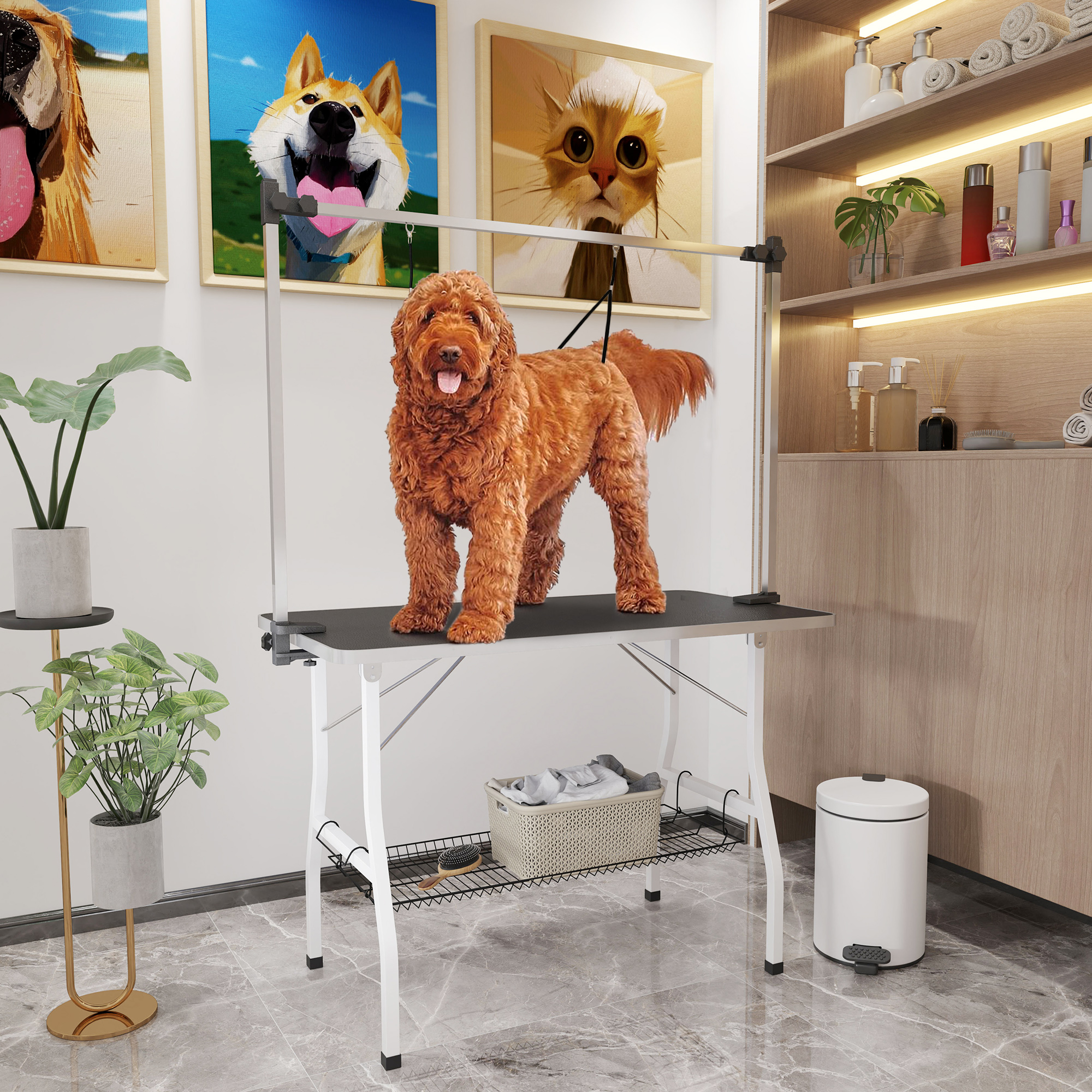 View of PawHut Foldable Dog Grooming Table with Adjustable Grooming Arms ...