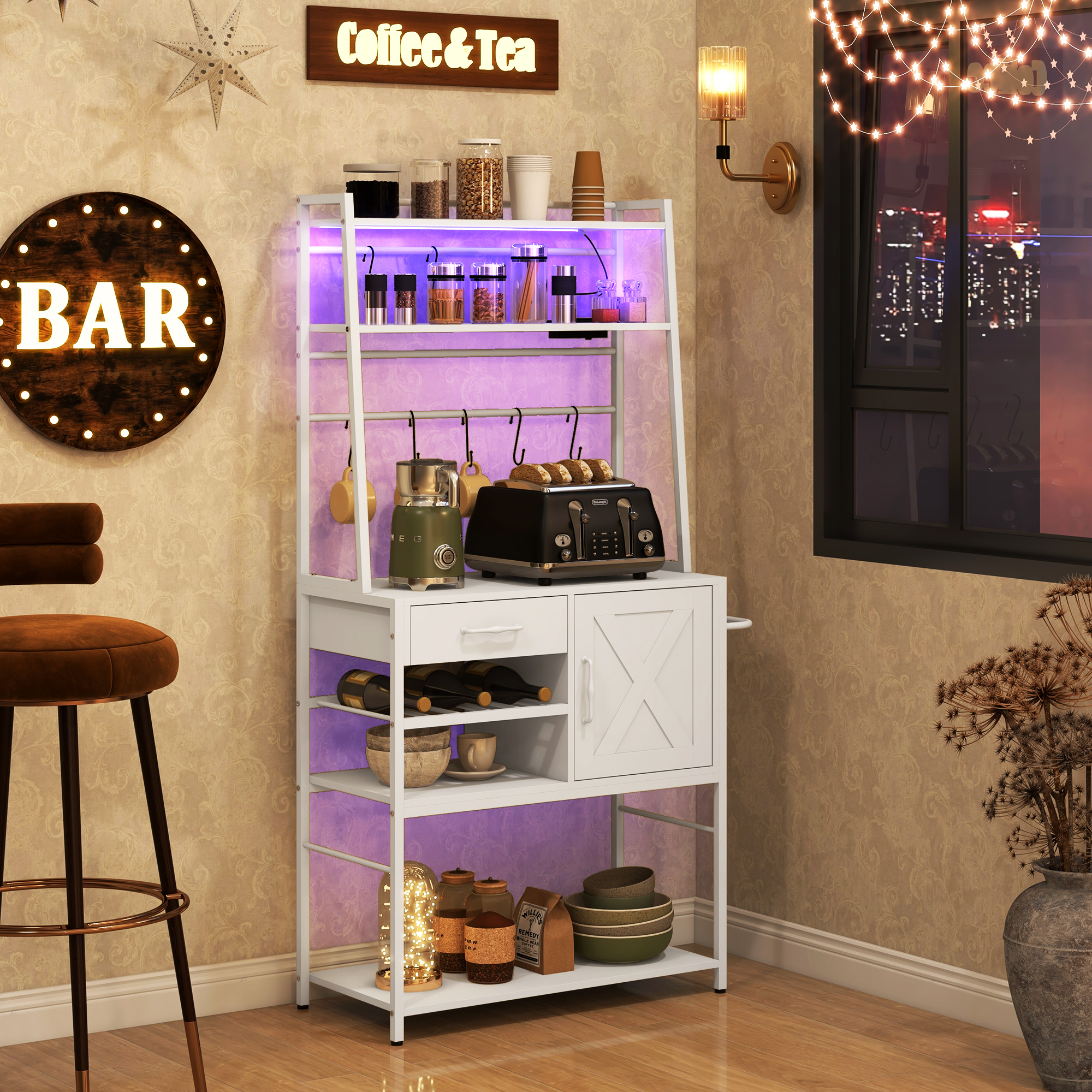 HOMCOM Industrial Kitchen Shelving Unit, White with Charging Station, LED Lights & Barn Door | Aosom.com 2