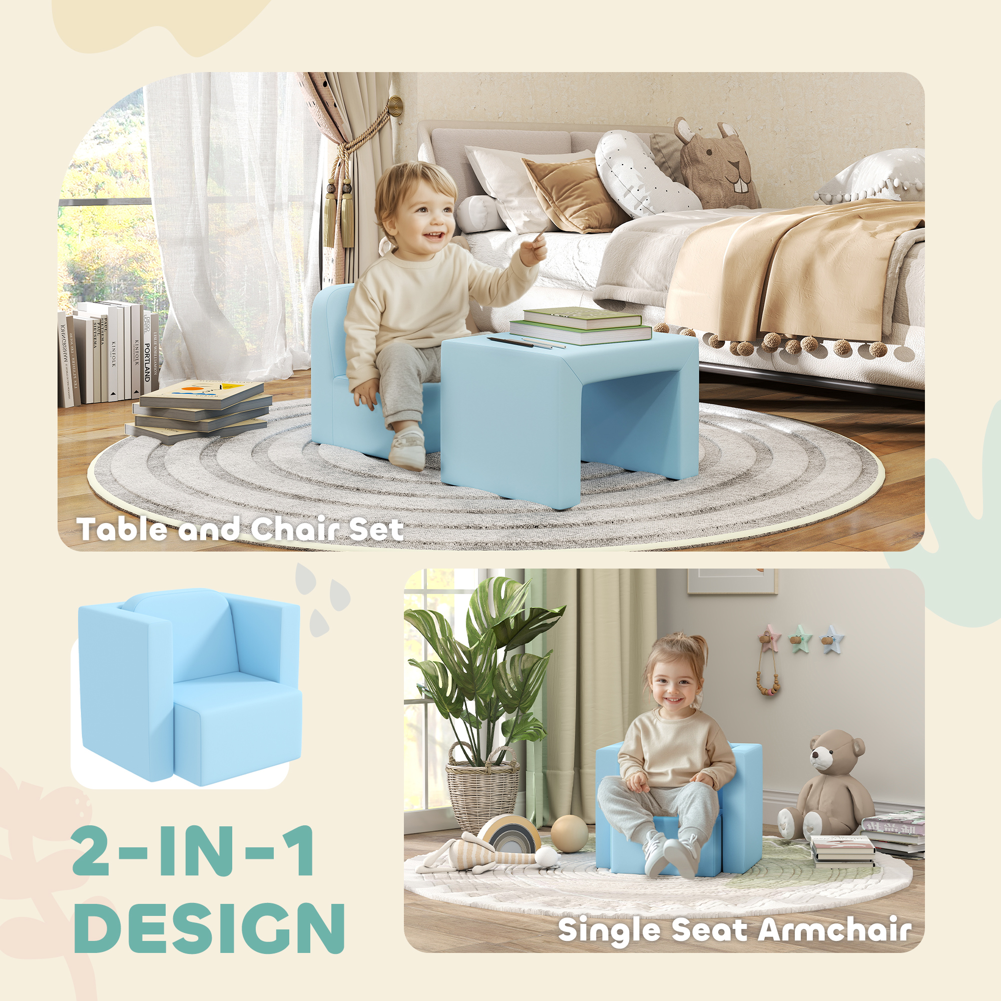 Qaba 2-in-1 Multifunctional Convertible Children Table and Chair Set, Kids Sofa with Extra Thick and Soft Padding, Light Blue | Aosom.com 2