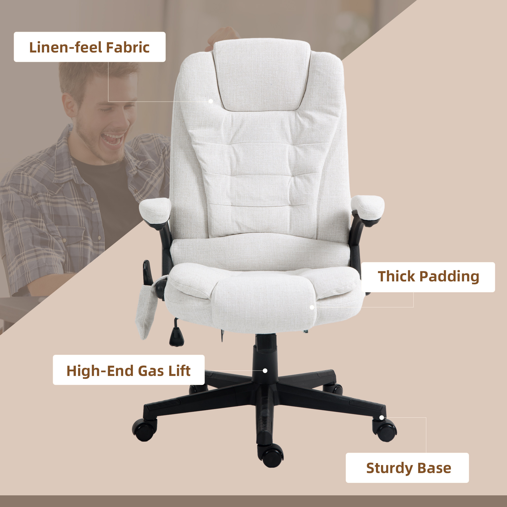 HOMCOM 6 Point Massage Office Chair with Heat, White Linen