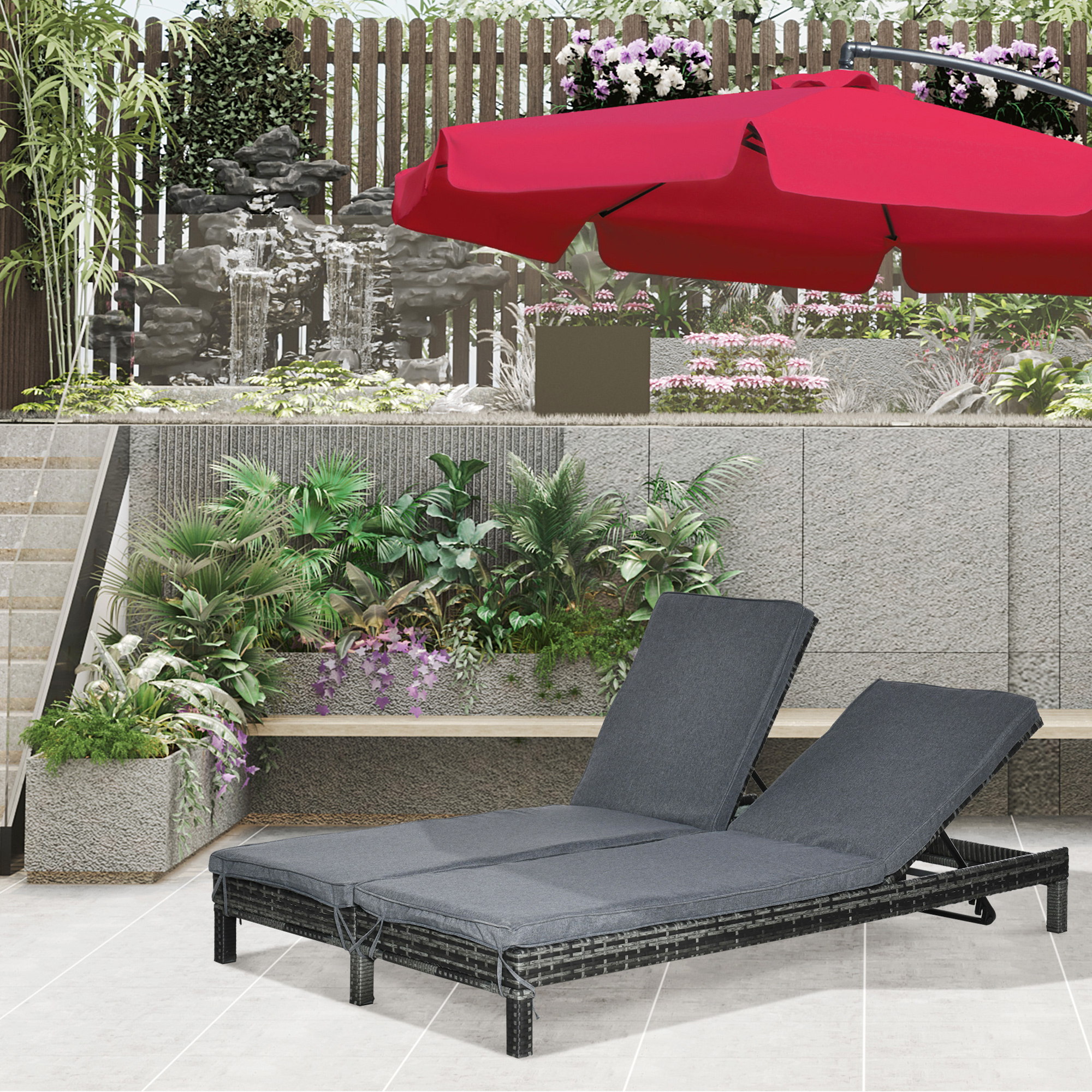 Outsunny Wicker Double Chaise Lounger Chair Outdoor Recliner 2 Person Rattan Patio Reclining Sunbed Furniture, Black, Grey Aosom Canada