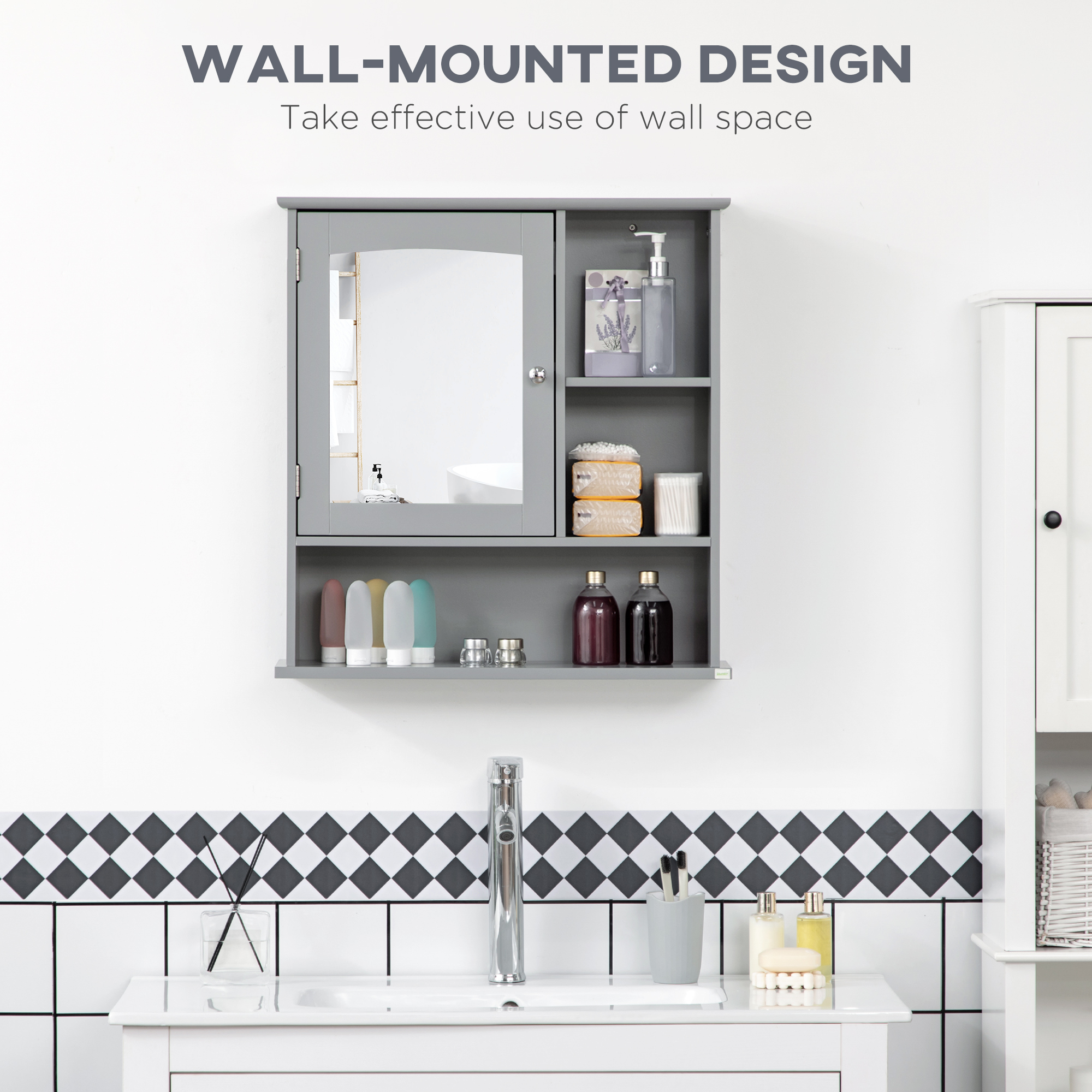 Kleankin Bathroom Mirror Cabinet Wall-Mounted with Adjustable Shelf Magnetic Door Gray | Aosom.com 2