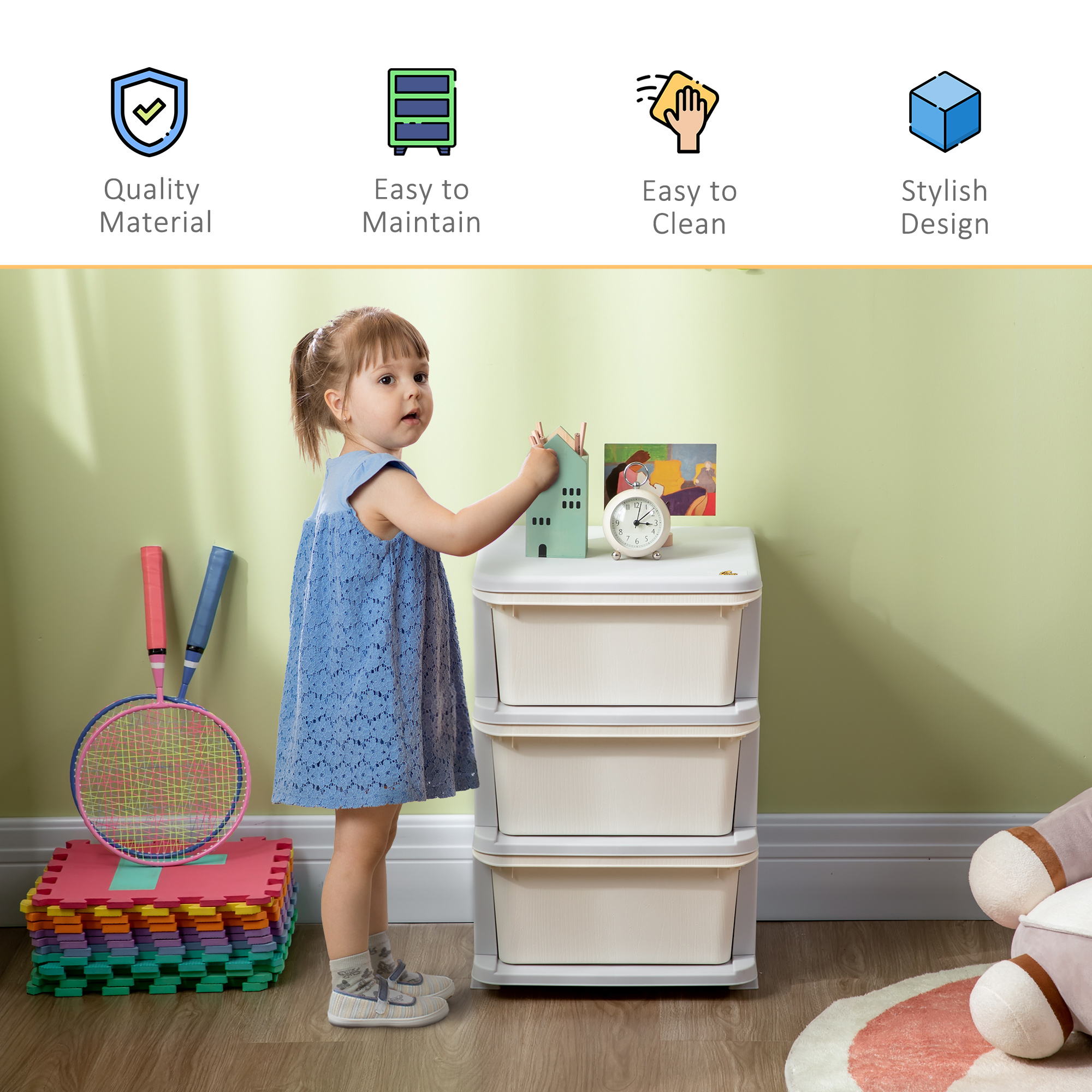 Qaba 3-Tier Toy Storage Organizer, Spacious Drawers Chest for Bedroom, Nursery, Living Room, Durable for Toddlers, Cream White | Aosom.com 5