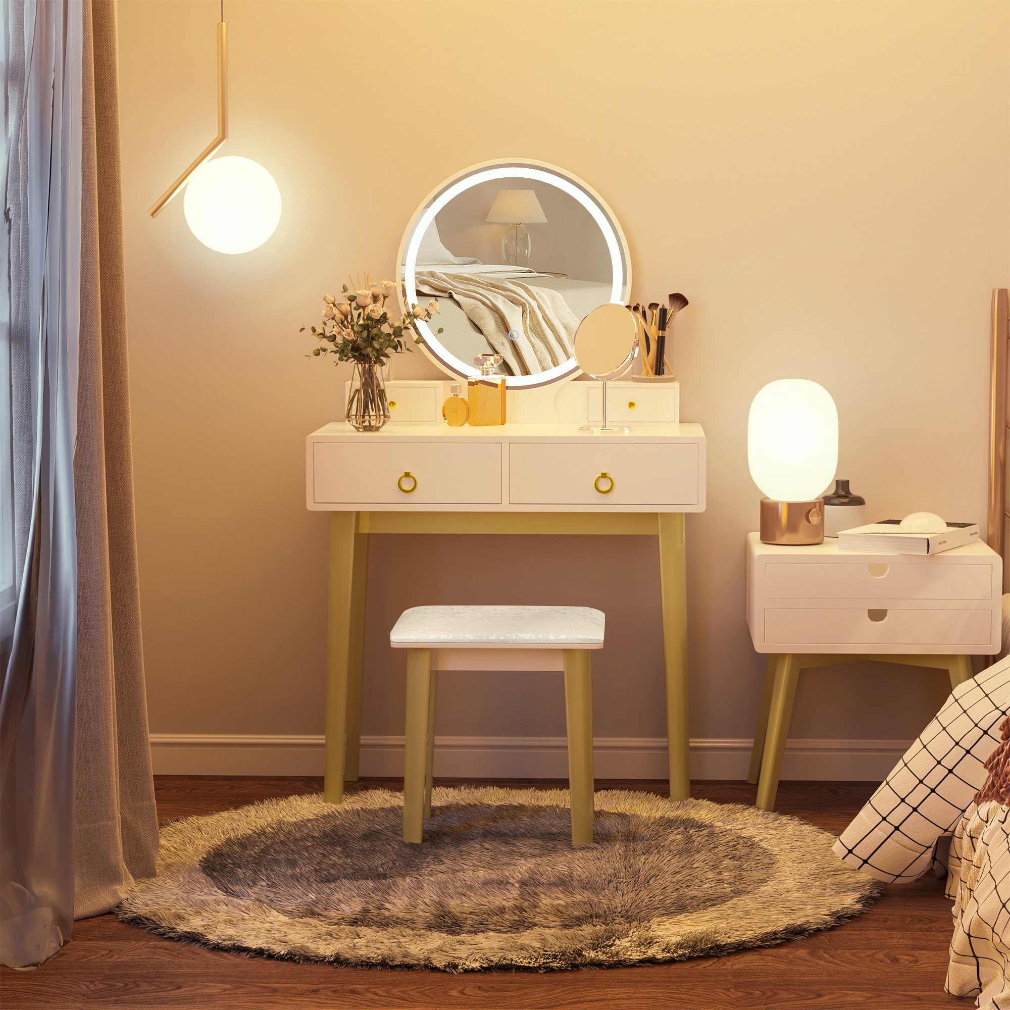 HOMCOM Makeup Vanity Table Set with Round Mirror Built in 3 Color LED Light Dressing Desk with 4 Drawers and Cushioned Stool for Bedroom White With Aosom Canada