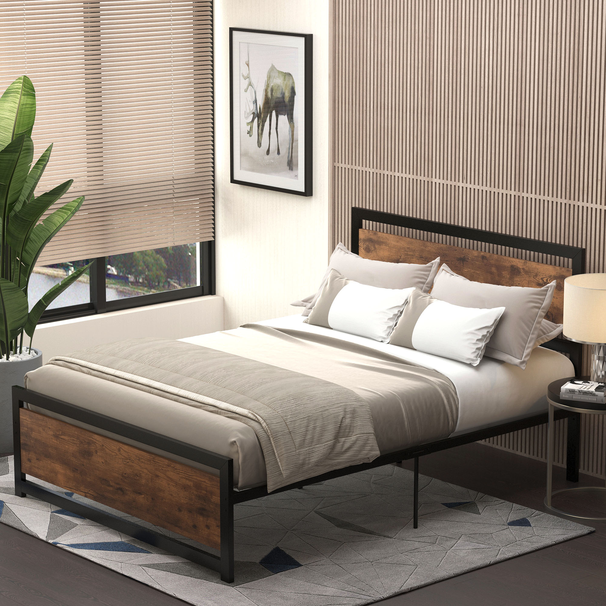 HOMCOM Full Twin Size Metal Bed Frame w/Headboard Footboard Strong Slat Support Underbed Storage | Aosom.com 0