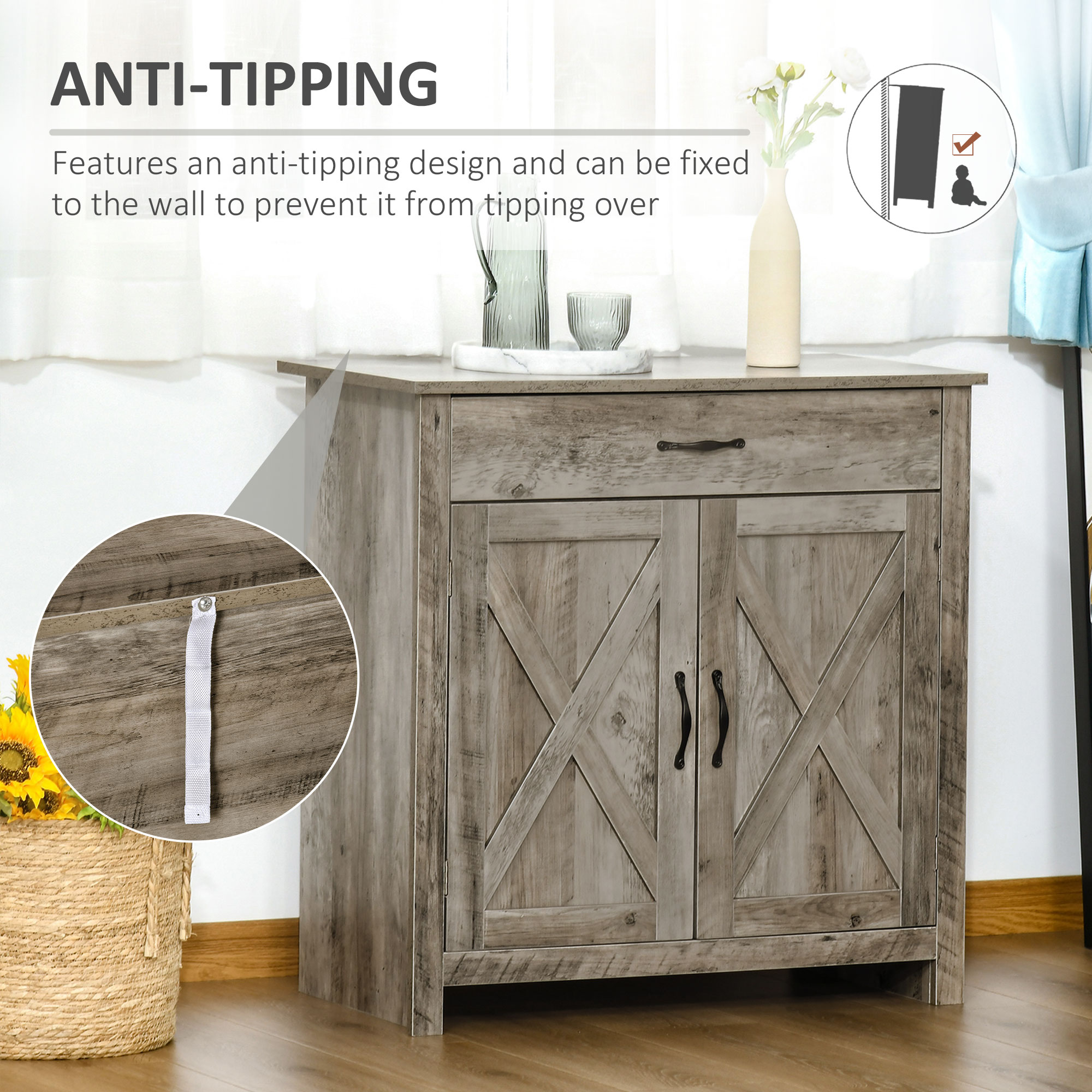 HOMCOM 32" Farmhouse Sideboard Buffet Cabinet, Barn Door Style Coffee Bar for Kitchen, Living Room or Entryway, Gray Wash 4
