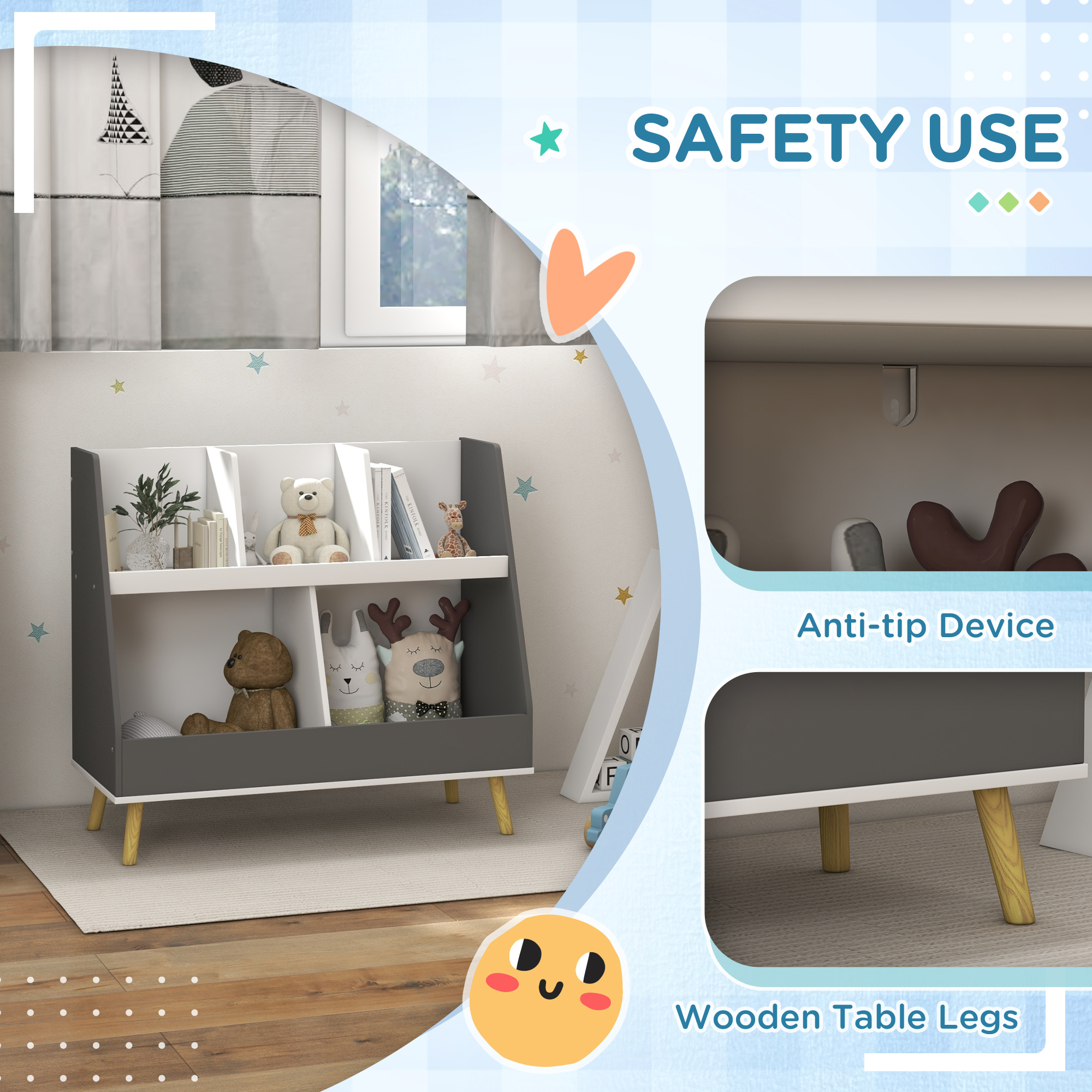 Qaba 2 Tier Gray Kids Bookcase & Toy Shelf, 5 Compartments with Anti-Tip Device for Nursery, Playroom | Aosom.com 4