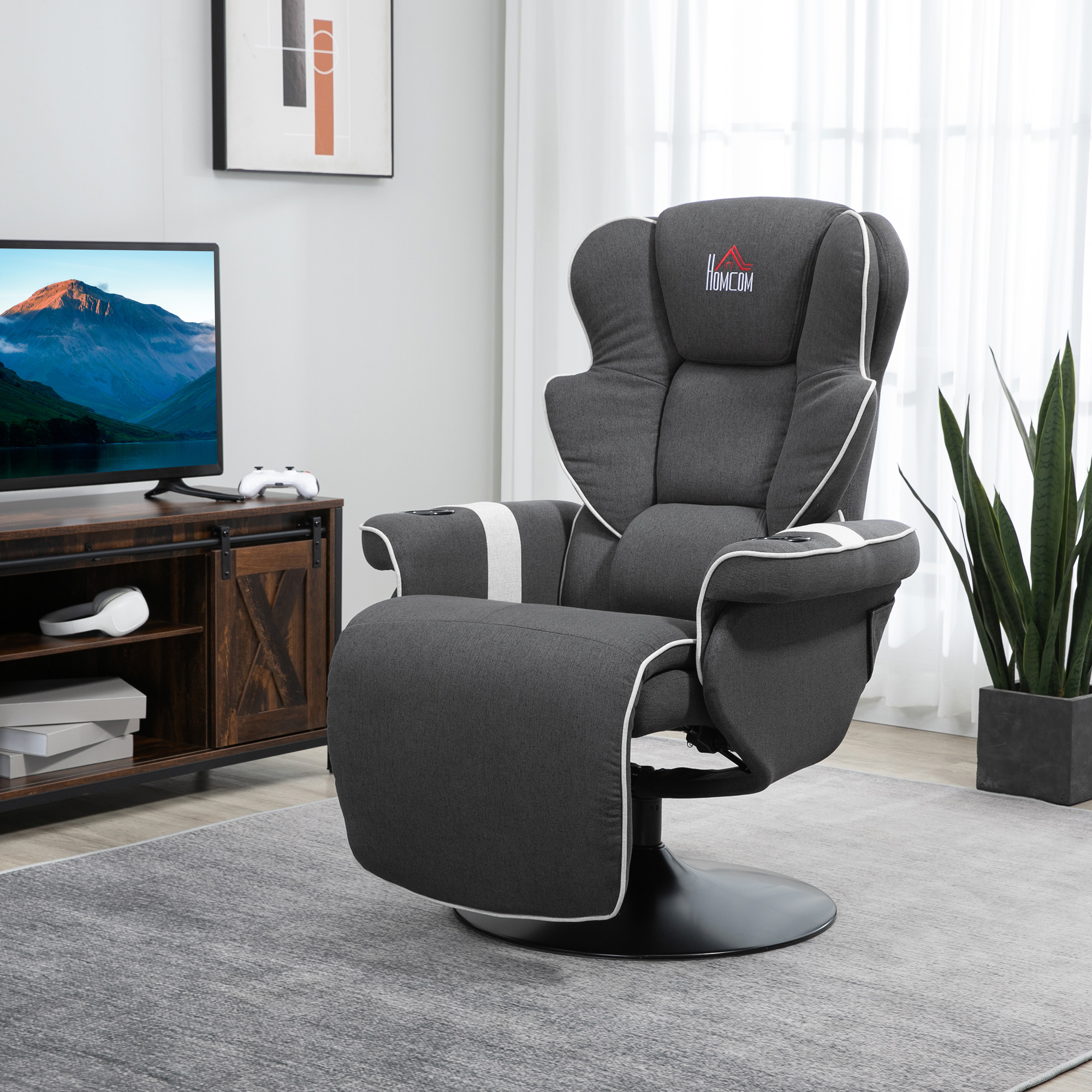 HOMCOM Manual Recliner, Swivel Lounge Armchair with Footrest and 2 Cup Holders for Living Room, Home & Office, 150° Reclining Function, Black 0