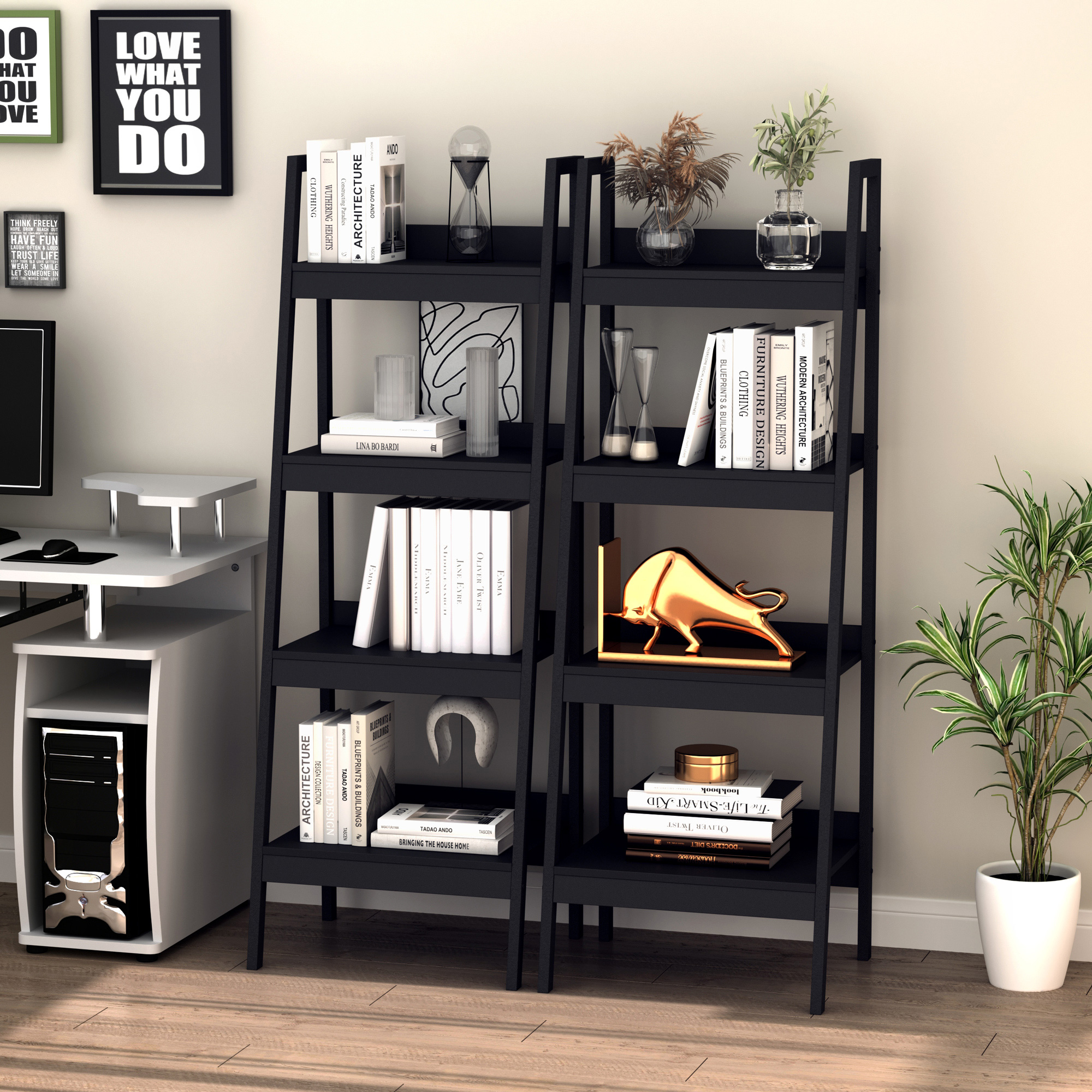 HOMCOM 4 Tier Ladder Shelf Bookcase Set of 2 Display Rack Storage Shelving Unit Flower Plant Stand Multi-Use Black Aosom Canada