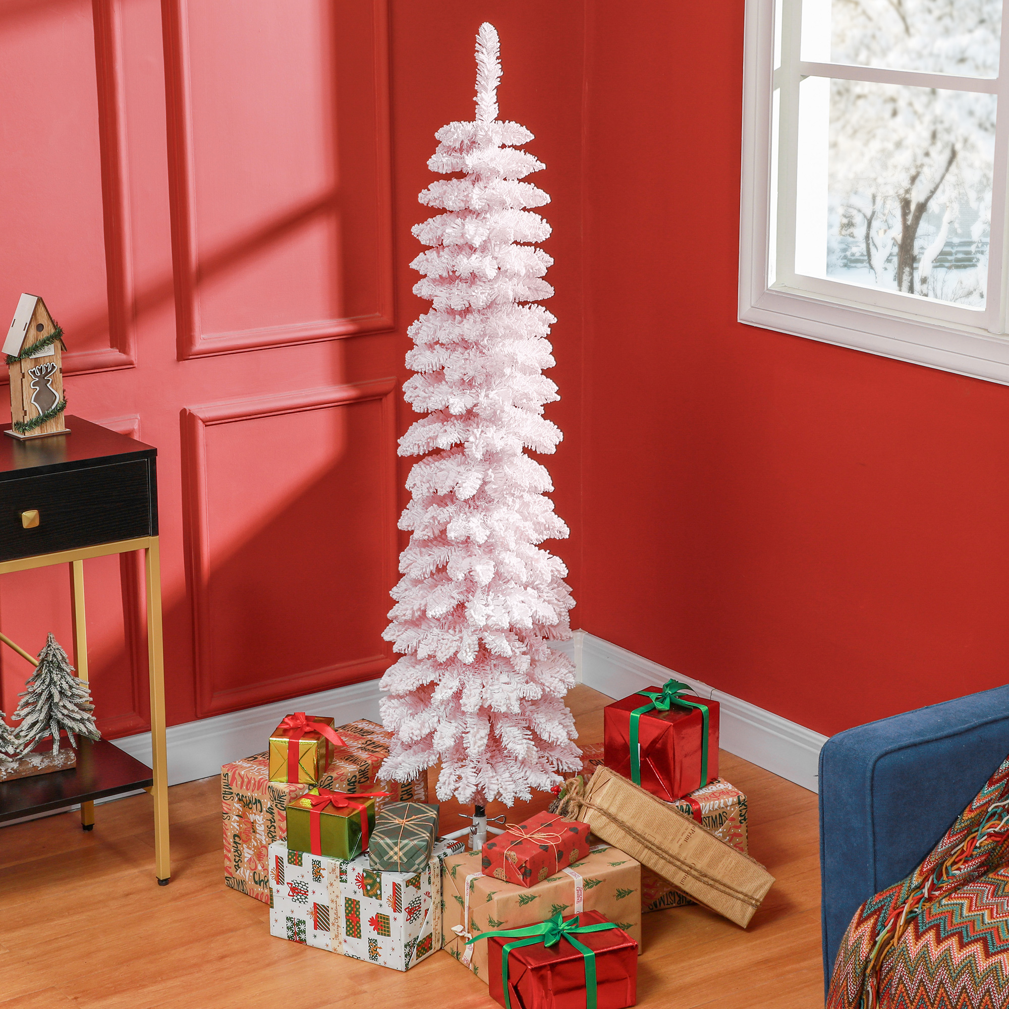 HOMCOM 5ft Snow-Flocked Artificial Christmas Tree, Slim Pencil Xmas Tree with 301 Realistic Branches, Metal Base, Pink Aosom Canada