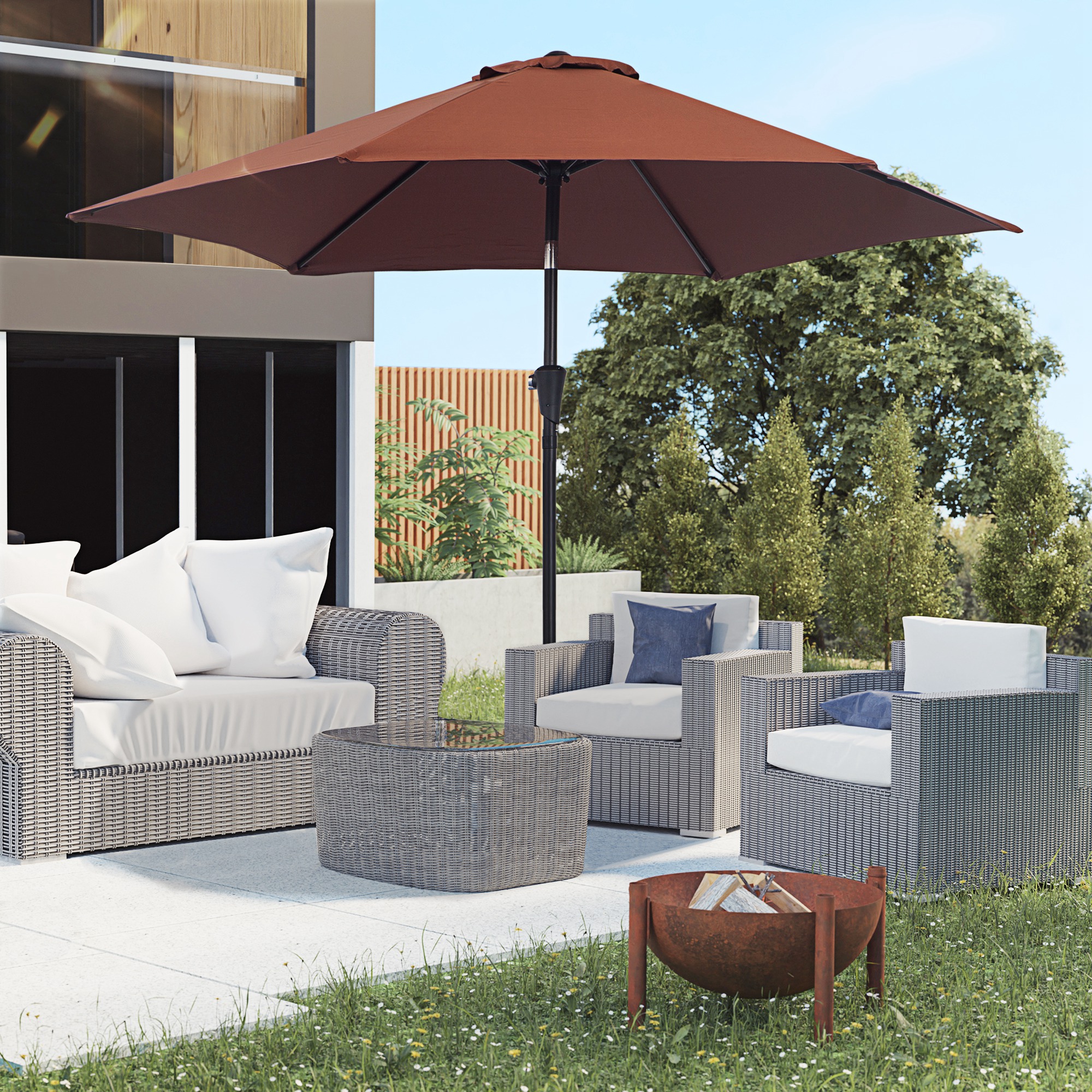 Outsunny 9' Round Aluminum Patio Umbrella 6 Ribs Market Sunshade Tilt Canopy w/ Crank Handle Garden Parasol Coffee Aosom Canada
